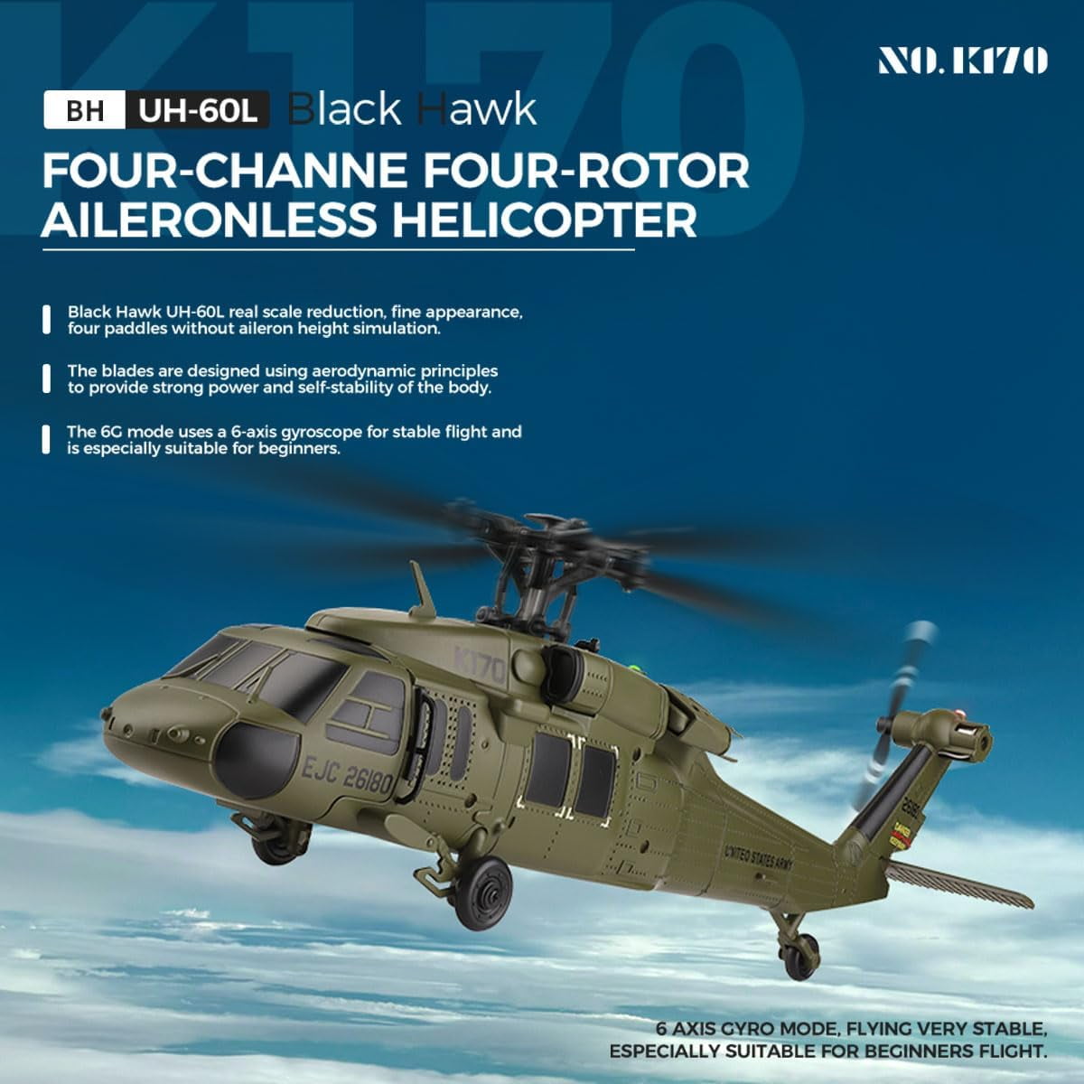 Bruce & Shark RC Helicopter K170 Black Hawk UH-60L 4CH Flybarless Remote Control Aircraft (Black, 10.2 in Rotor) mewcm