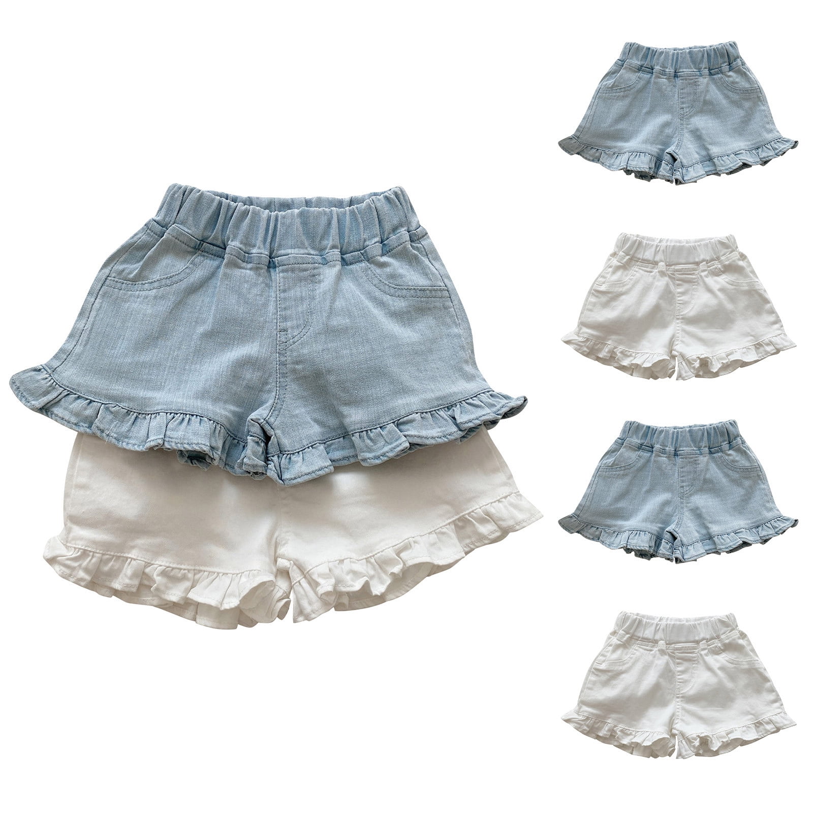 Bovxnpu Toddler Girls Denim Shorts, Distressed Ripped Ruffle Shorts with Pockets and Elastic Waist (Blue, 6 Years) 1gilw