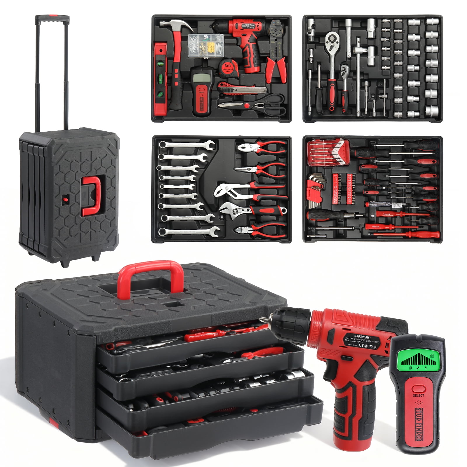 UBesGoo 1000-Piece Household Repair Hand Tool Kit with Rolling Trolley Case (Red, 1000 Pieces) iycjy