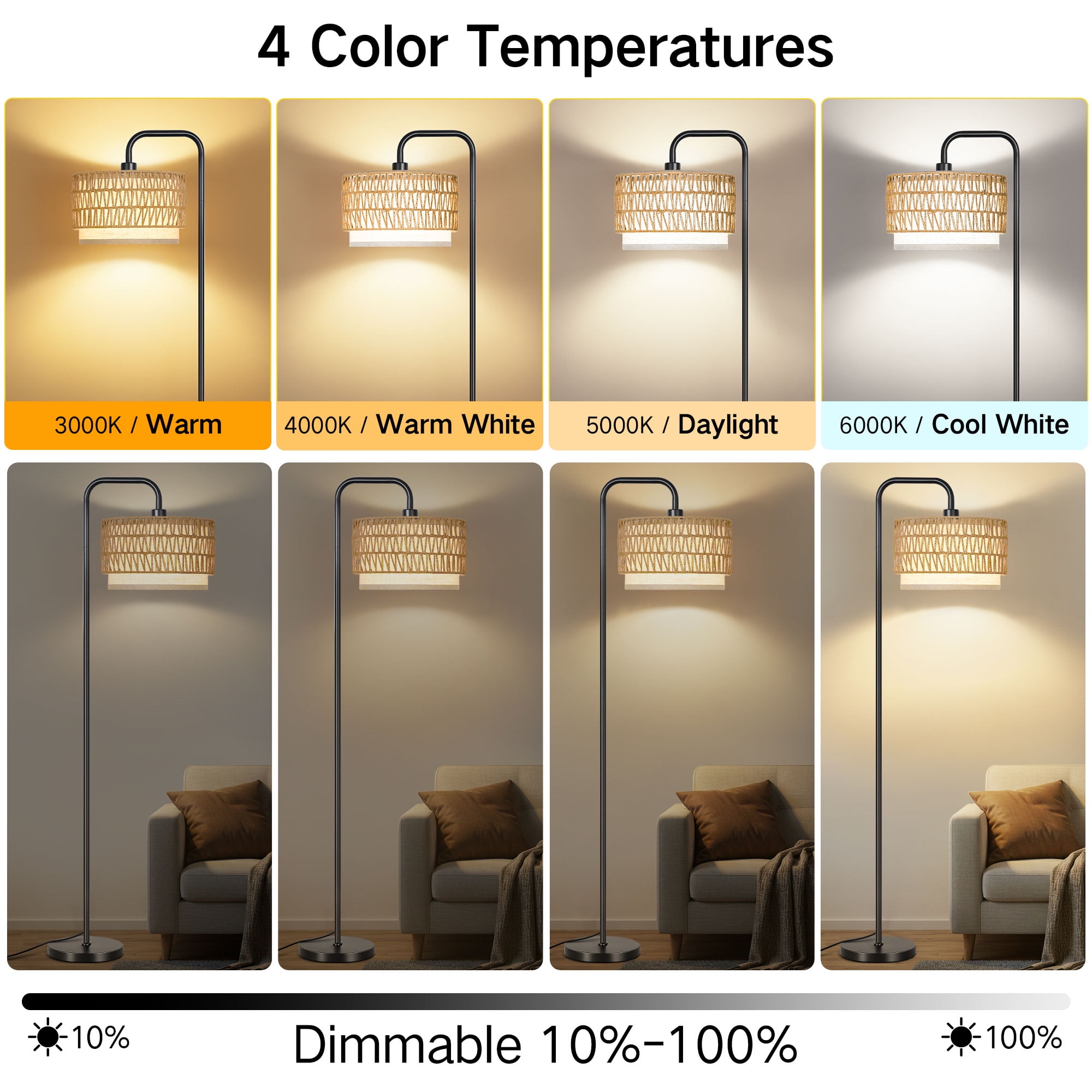 Outon Boho Floor Lamp with Rattan and Linen Double Shades, Adjustable Color Temperature Standing Lamp for Living Room (Black, 6 ft Cord) f2sue