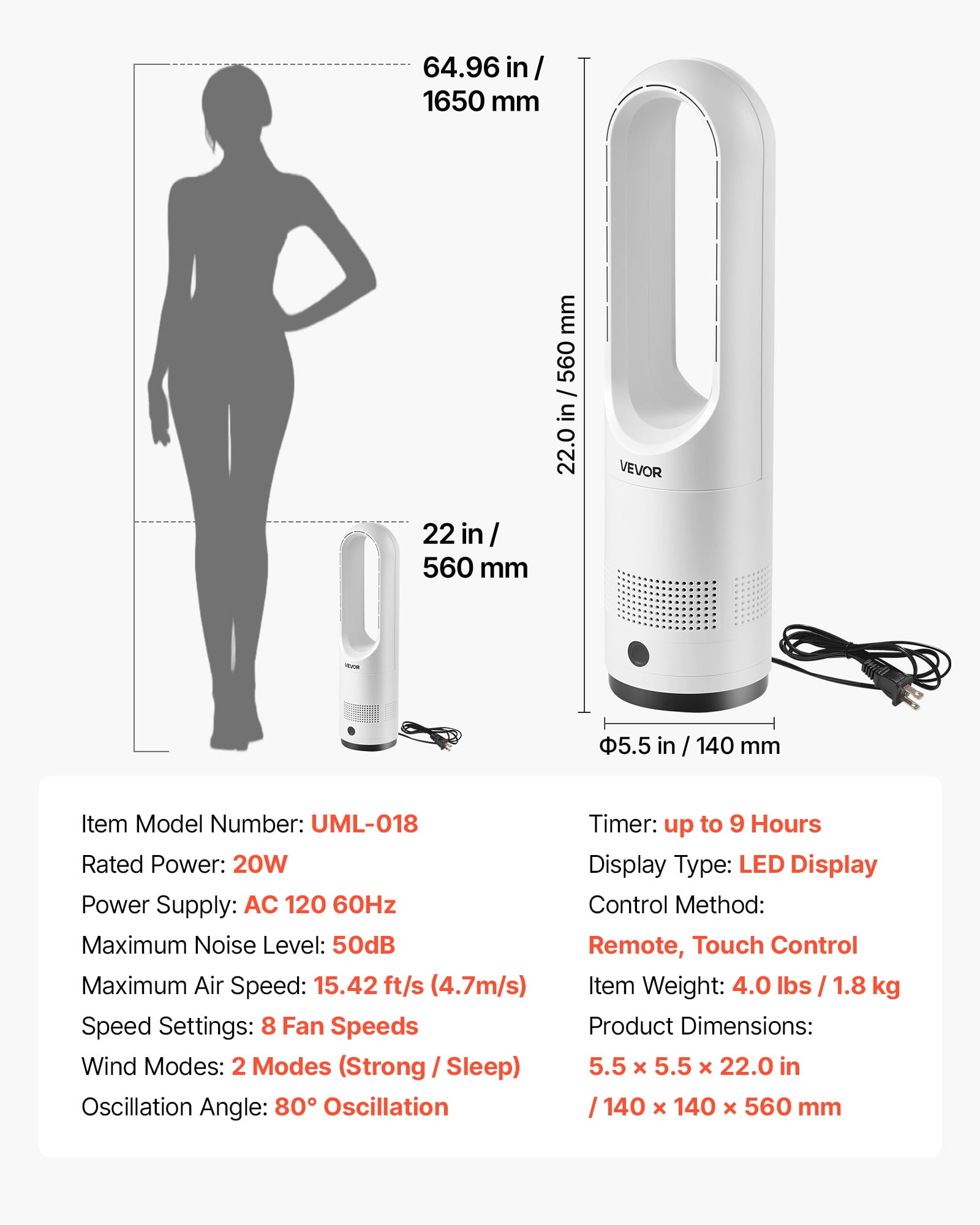 VEVOR Bladeless Tower Fan, Oscillating Standing Floor Fan with Remote, 8 Speeds, Quiet Air Circulator for Bedroom and Living Room (White) xv1w5