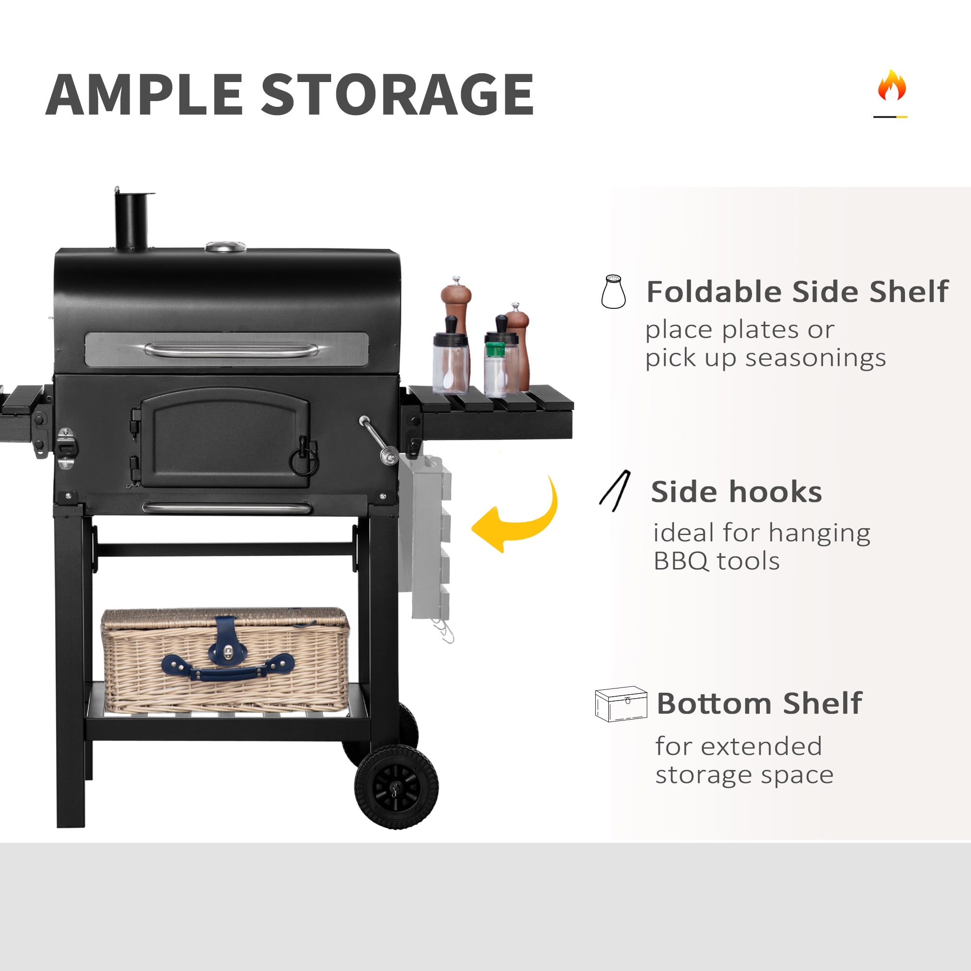Outsunny Charcoal Grill with Side Table and Adjustable Height (Black, 48.75 in x 26 in x 44 in) clkkz