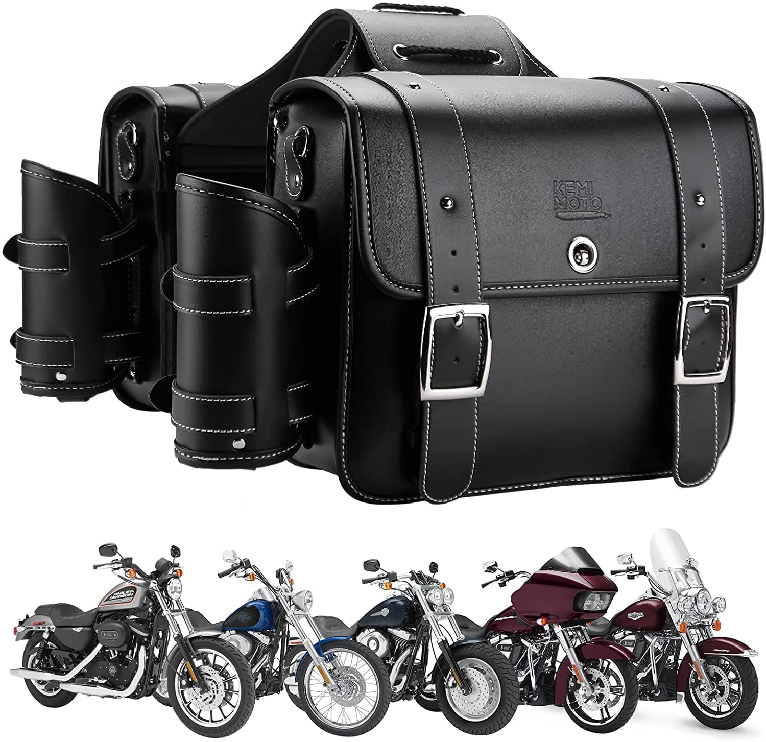 KEMIMOTO Motorcycle Saddlebags Universal Faux Leather Side Luggage Bags with Cup Holder (Black, 20L) cust7