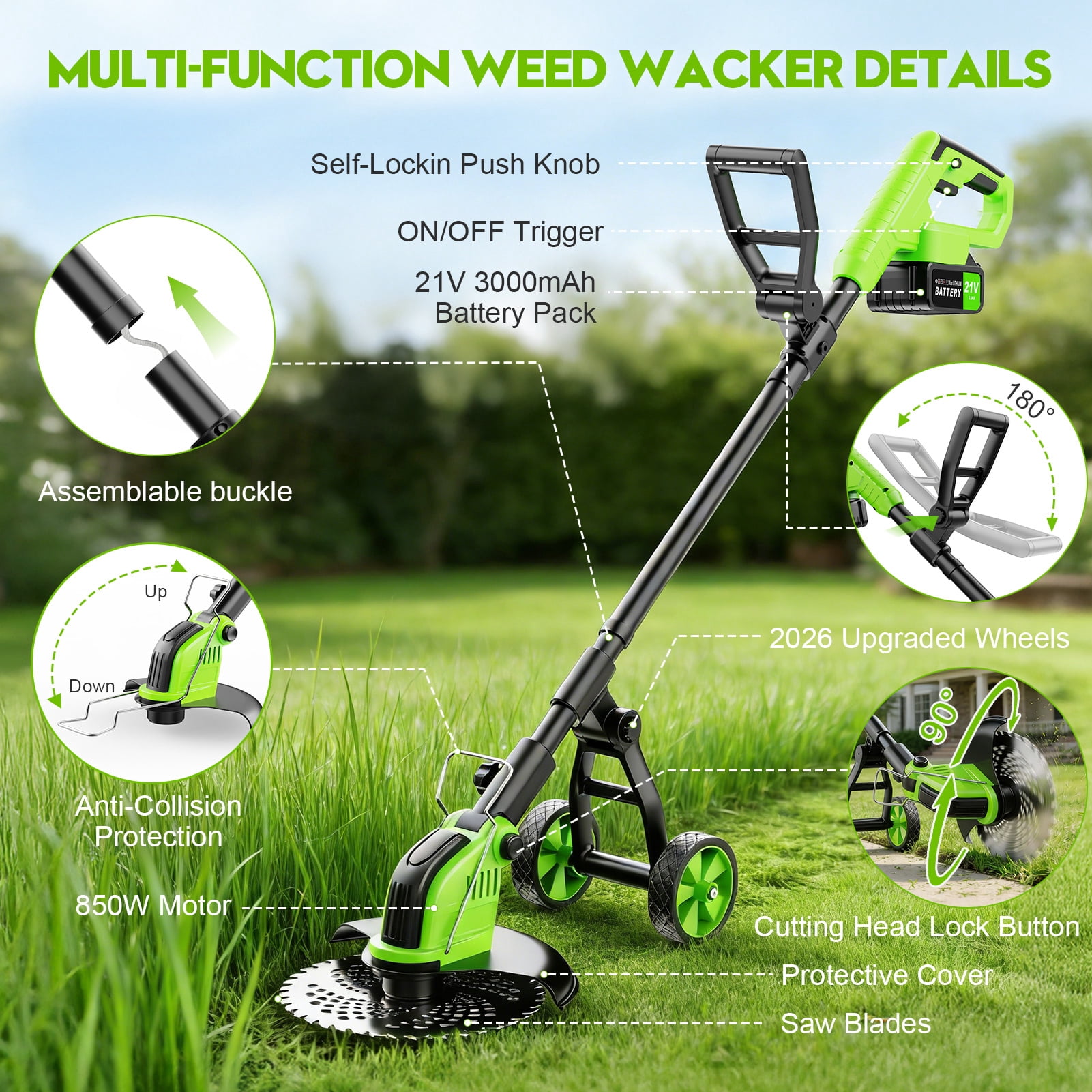 Fovendi Electric Weed Eater, 4-in-1 Cordless Grass Trimmer and Brush Cutter with Wheeled Support (Green, 12 in) 7q6mq