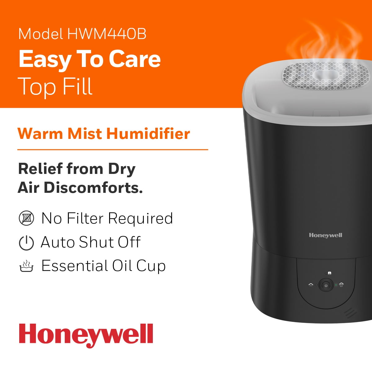 Honeywell Warm Mist Humidifier with Essential Oil Cup, Filter-Free Design for Home Air Quality (Black, 1.5 gal) 5w482