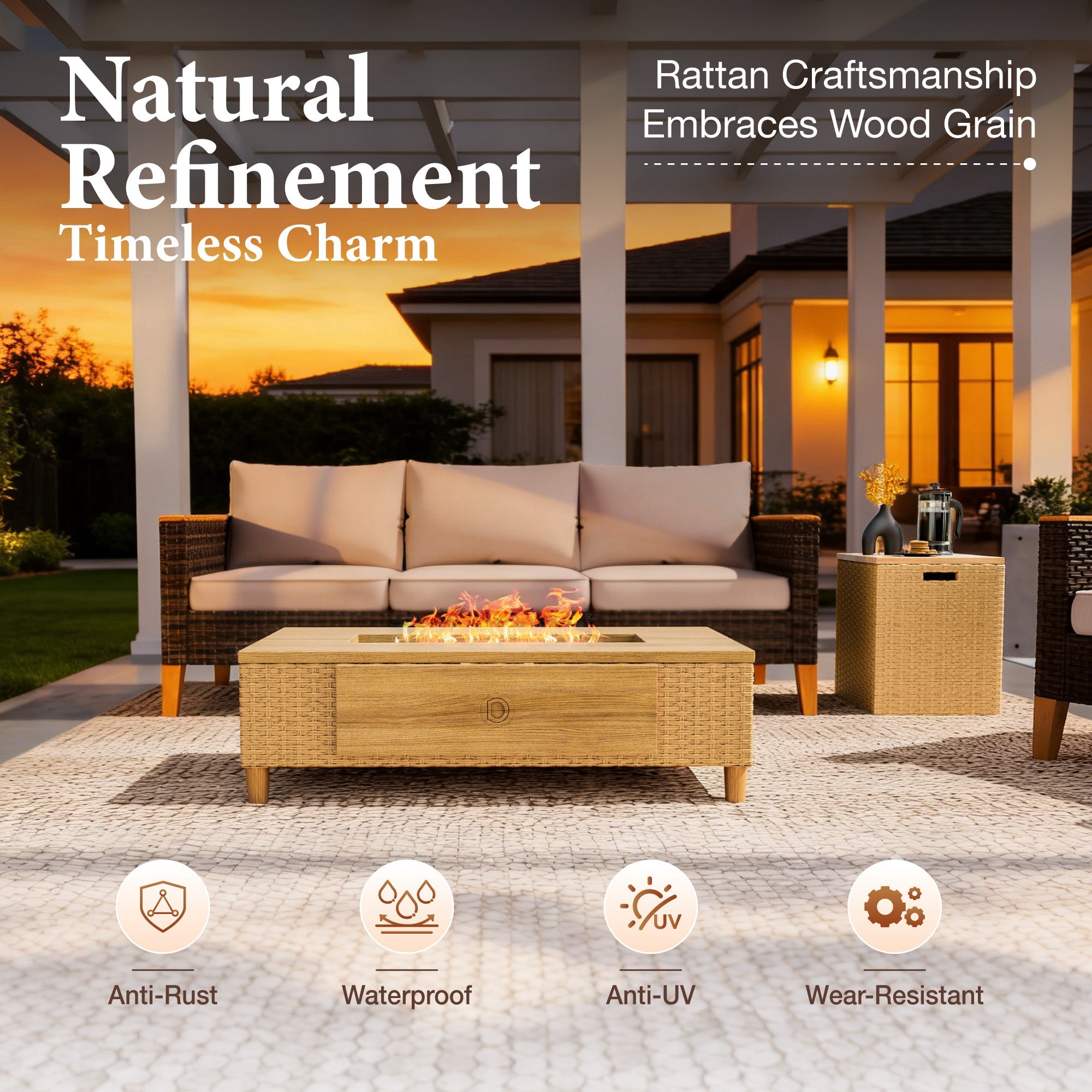 Streamlight 5-Piece Wicker Patio Furniture Set with 42 in Fire Pit Table, Outdoor Sectional Conversation Sofa (Yellow and Beige, 5-Piece) 3gxsi