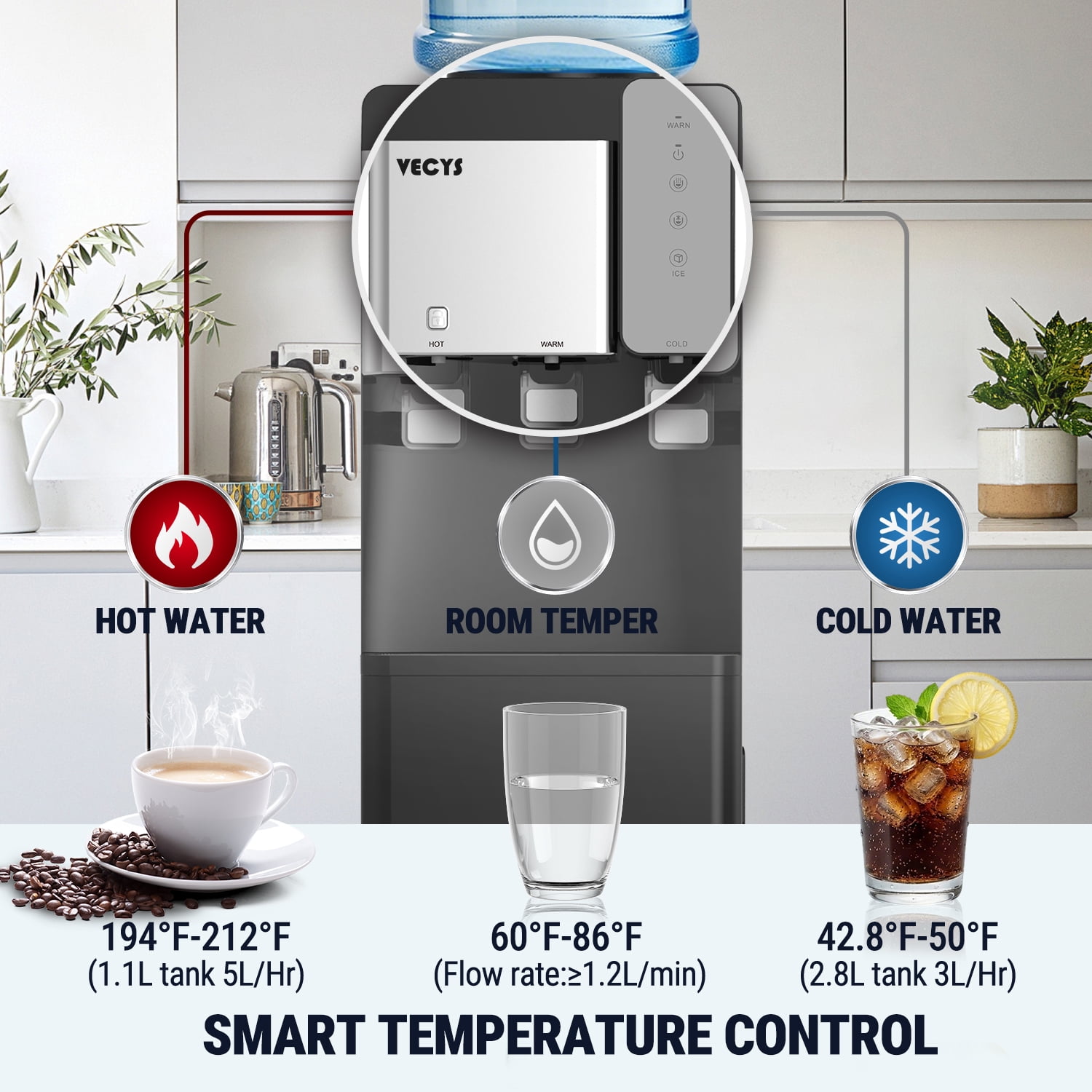 VECYS 3-in-1 Water Dispenser with Built-in Ice Maker (Black, 27 lb Daily Capacity) a8ex8