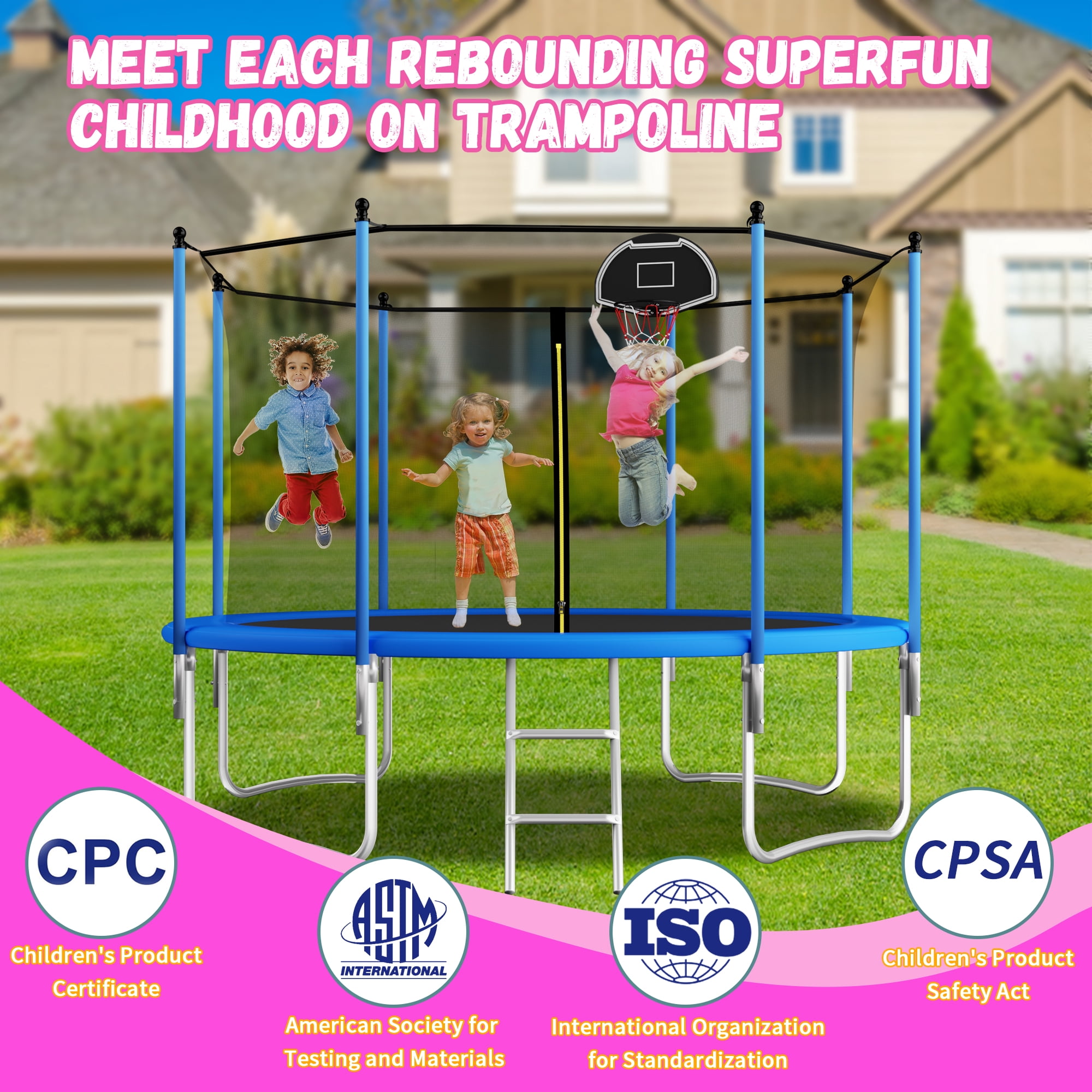 Shengchao Trade 12 ft Recreational Trampoline with Enclosure, Basketball Hoop, and Safety Ladder (Blue, 1000 lb) jjouu