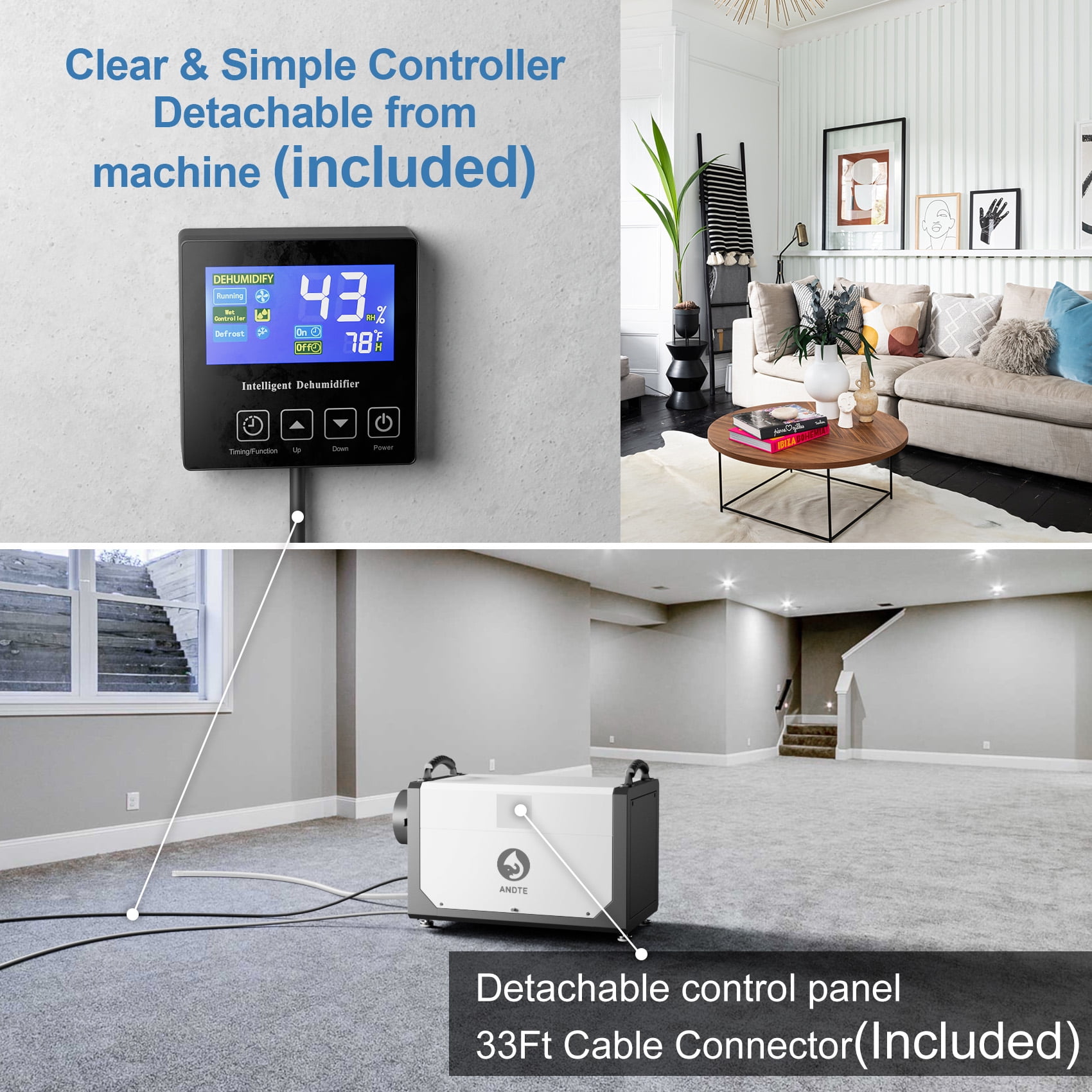 ANDTE Commercial Dehumidifier with Remote Control, High-Capacity Moisture Removal for Basements and Crawl Spaces (Grey, 145 Pints) 2mbx4