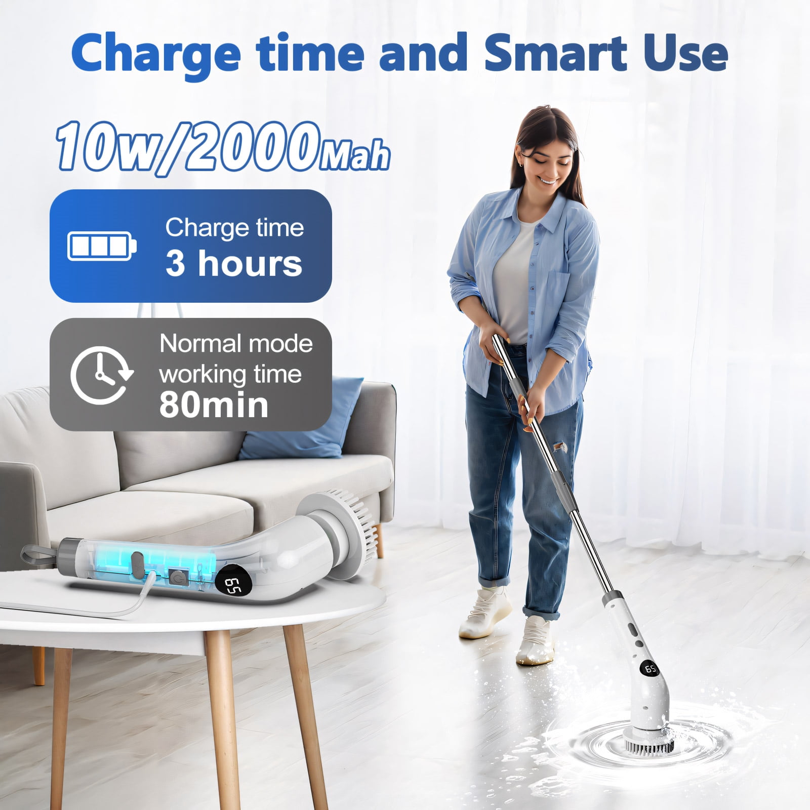Amiluo Electric Spin Scrubber, Cordless Bathroom Cleaning Brush with Extension Handle and 7 Replaceable Heads (50 in) 2168s