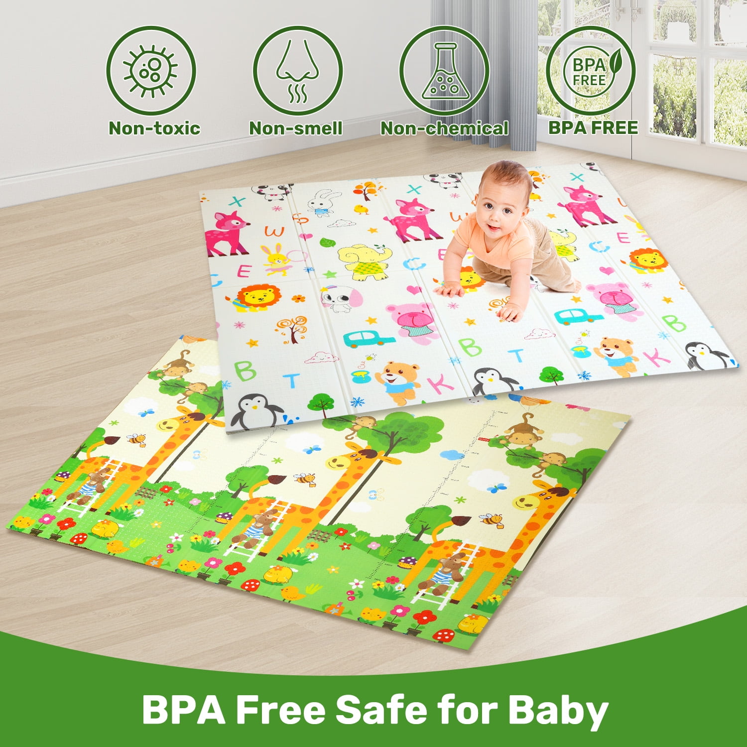 JoyStone Extra Large Reversible Foam Baby Play Mat, Non-Toxic Waterproof Crawl Mat for Toddlers (Animal Print, 78 in x 70 in) nenoq