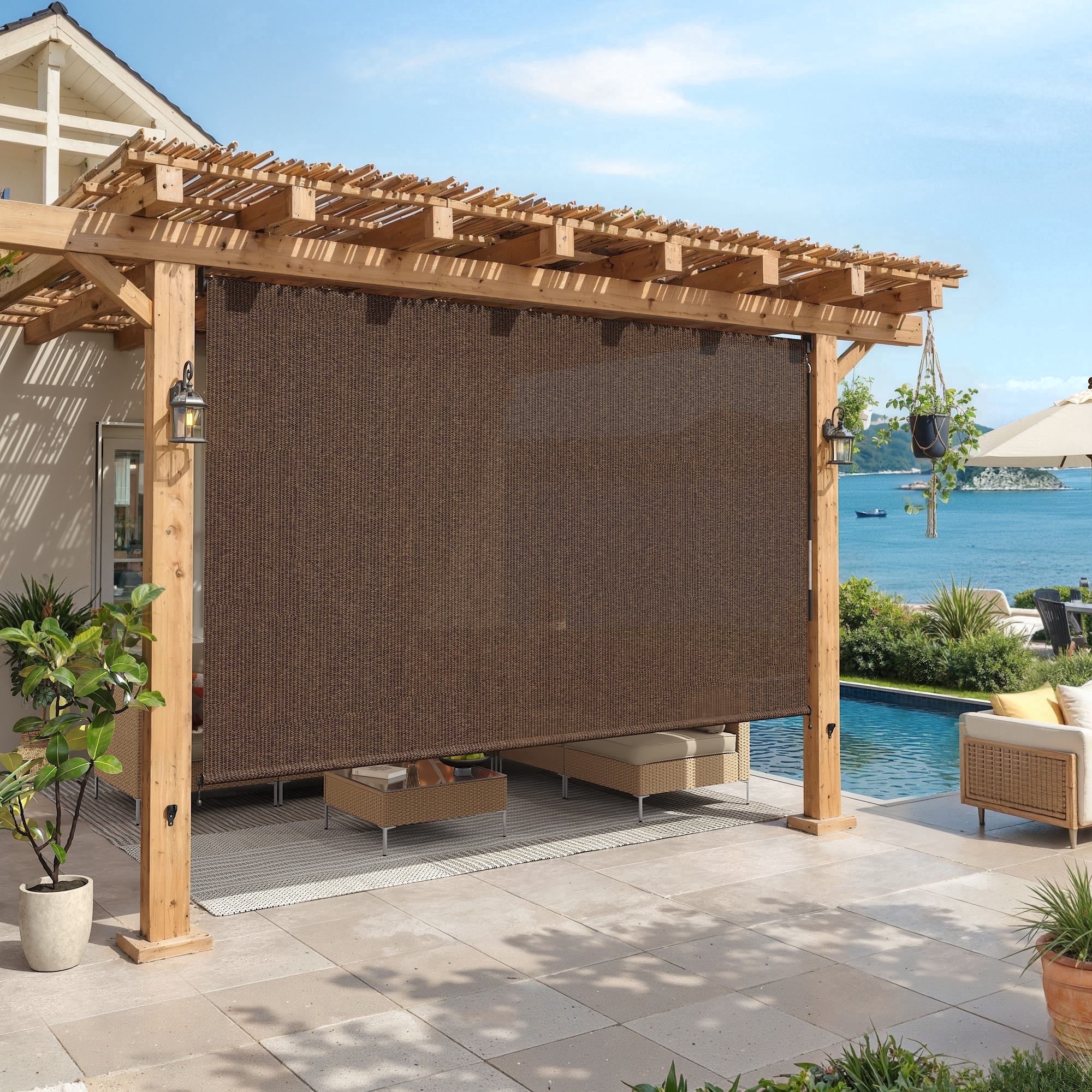 Vicllax Outdoor Sun Roller Shade for Patio Porch with Crank Operation (Mocha, 10 ft W x 8 ft H) aw6gg