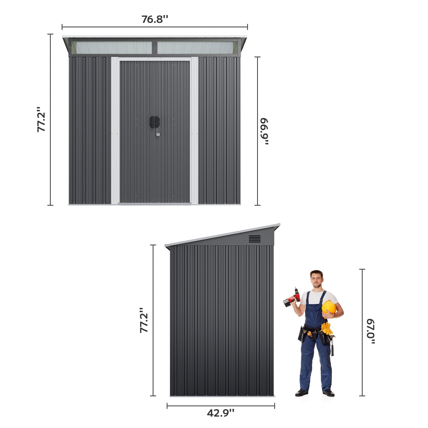Asofer Outdoor Storage Shed, Heavy-Duty Galvanized Steel Backyard Tool Organizer with Window (Dark Gray, 77 in x 43 in x 77 in) efv4z