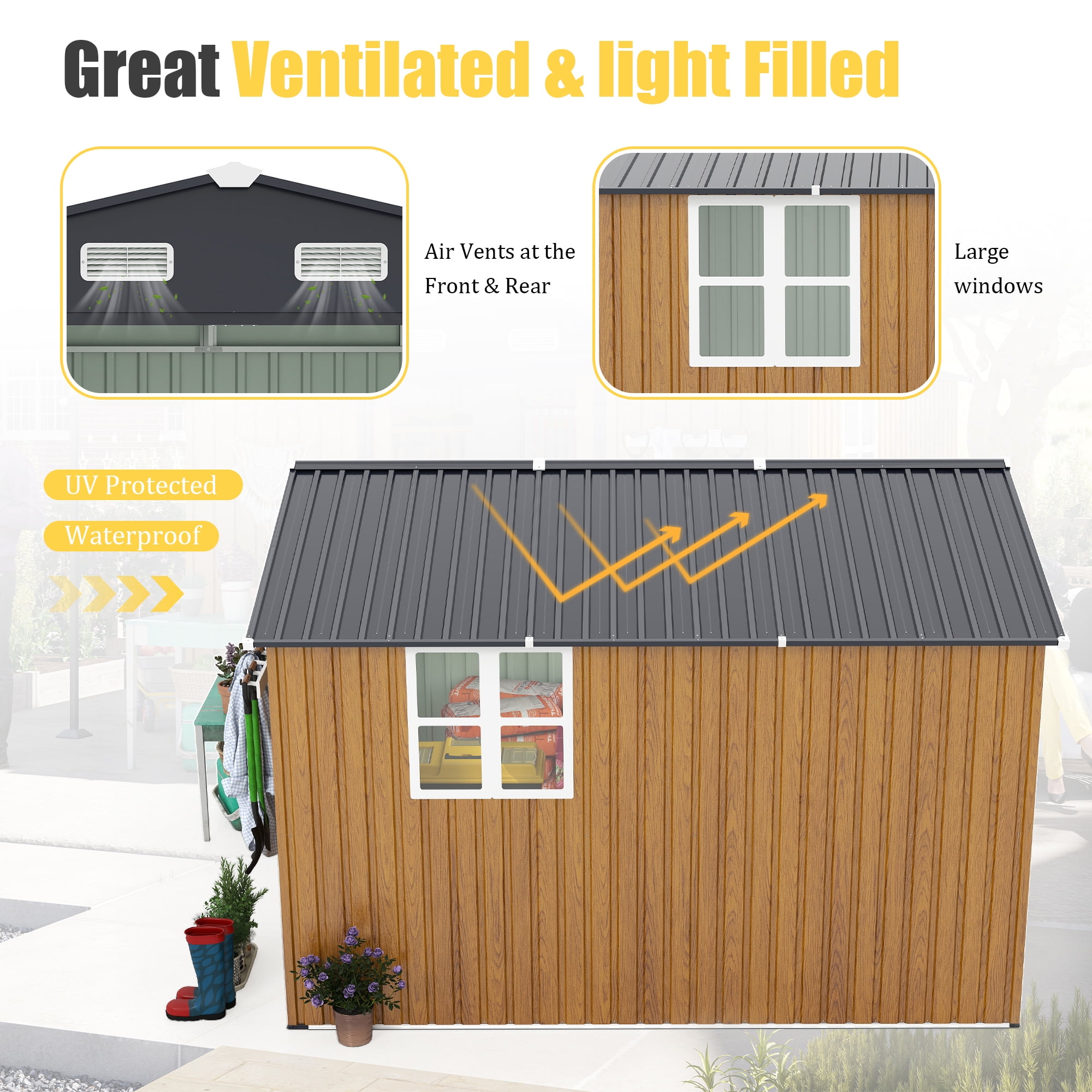 FFZ Outdoor Storage Shed with Firewood Bay and Lockable Doors (Yellow, 10 ft x 12 ft) s7b61