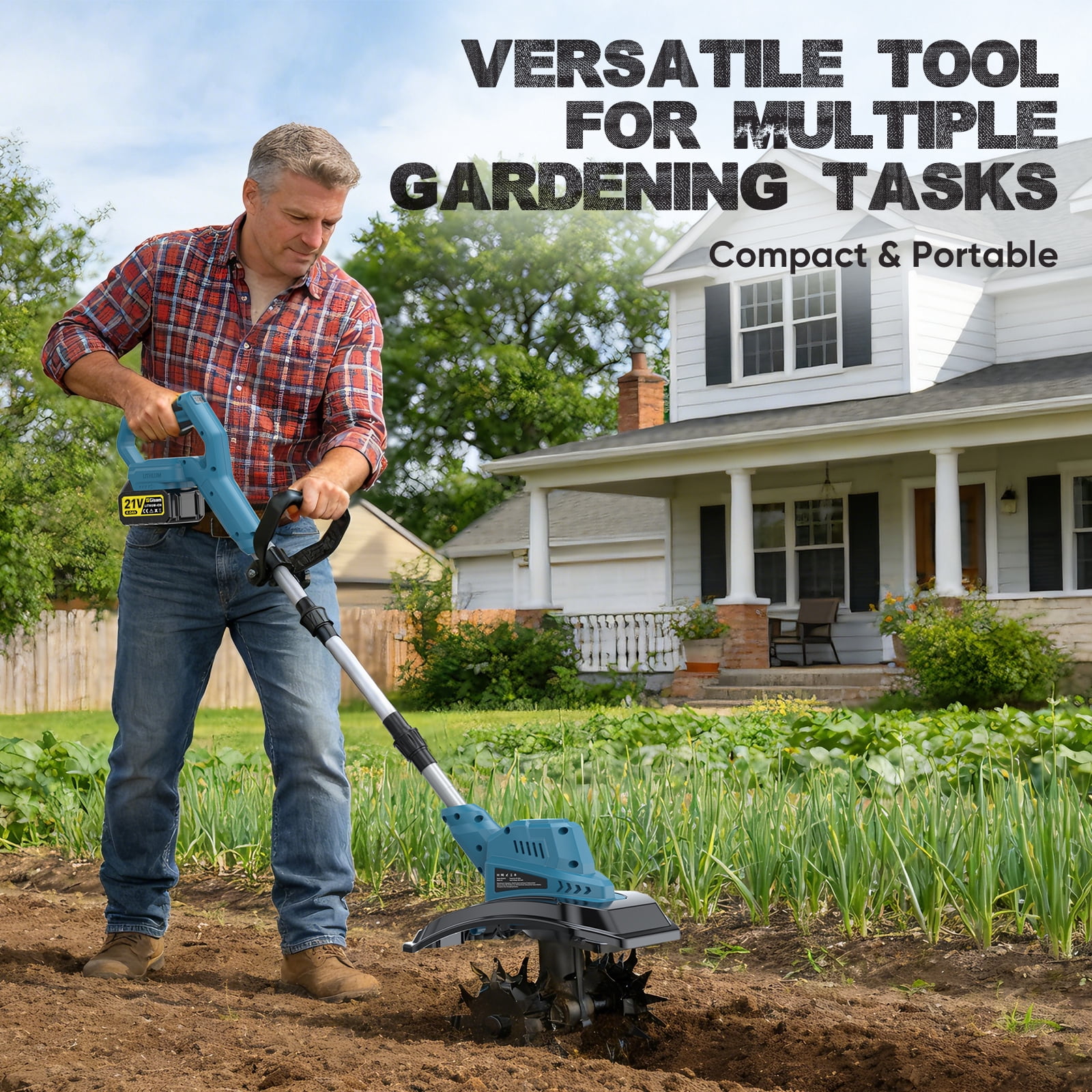 Gisam Cordless Electric Tiller Cultivator, High-Efficiency Garden Rototiller with Dual 4.0Ah Batteries, Adjustable Foldable Handle (9 in Width, 8.3 in Depth) k5ddl
