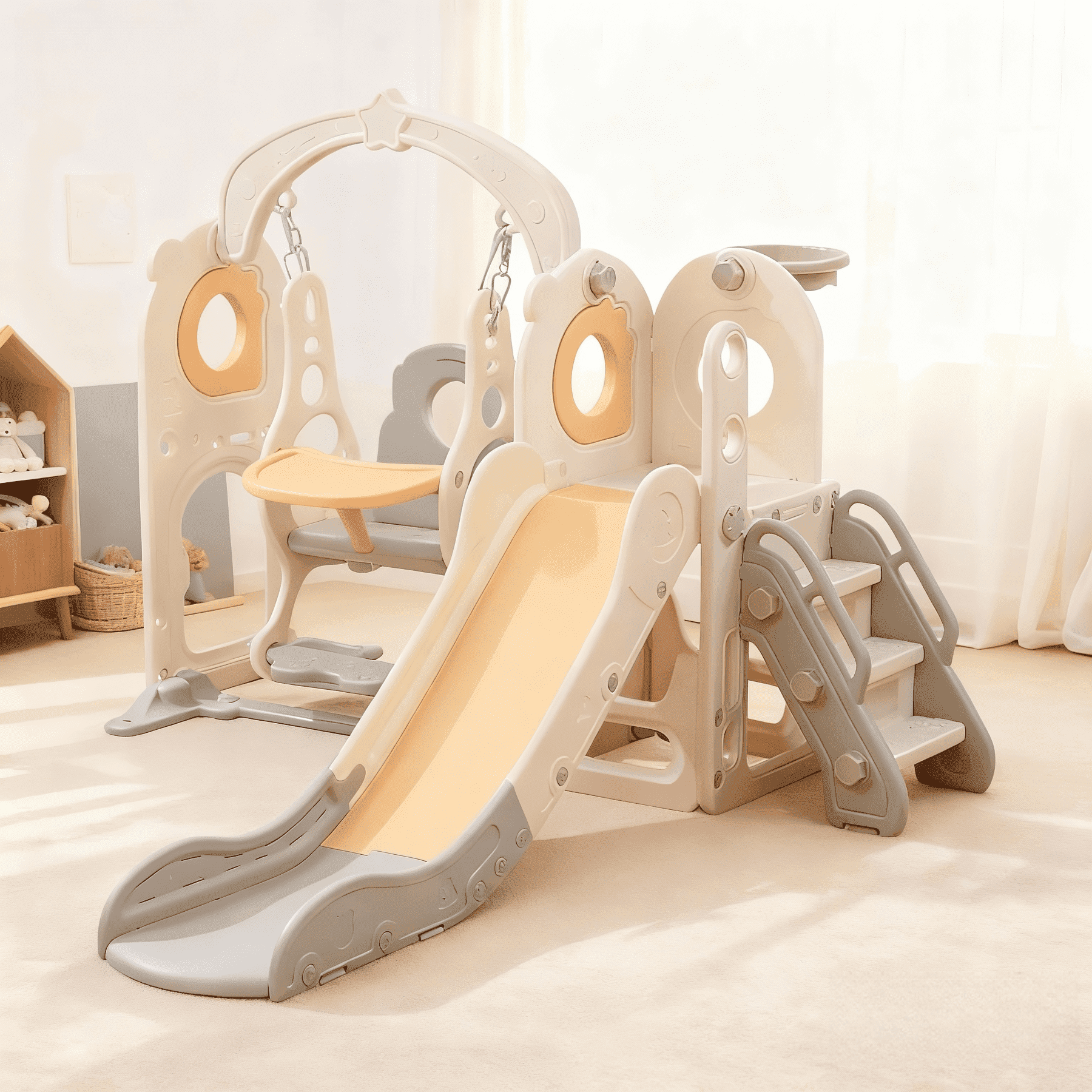 Zimeng 6-in-1 Toddler Slide and Swing Set, Indoor Outdoor Playground Climber Playset with Basketball Hoop (Beige, 34.65 in x 12.2 in x 21.26 in) ibmia