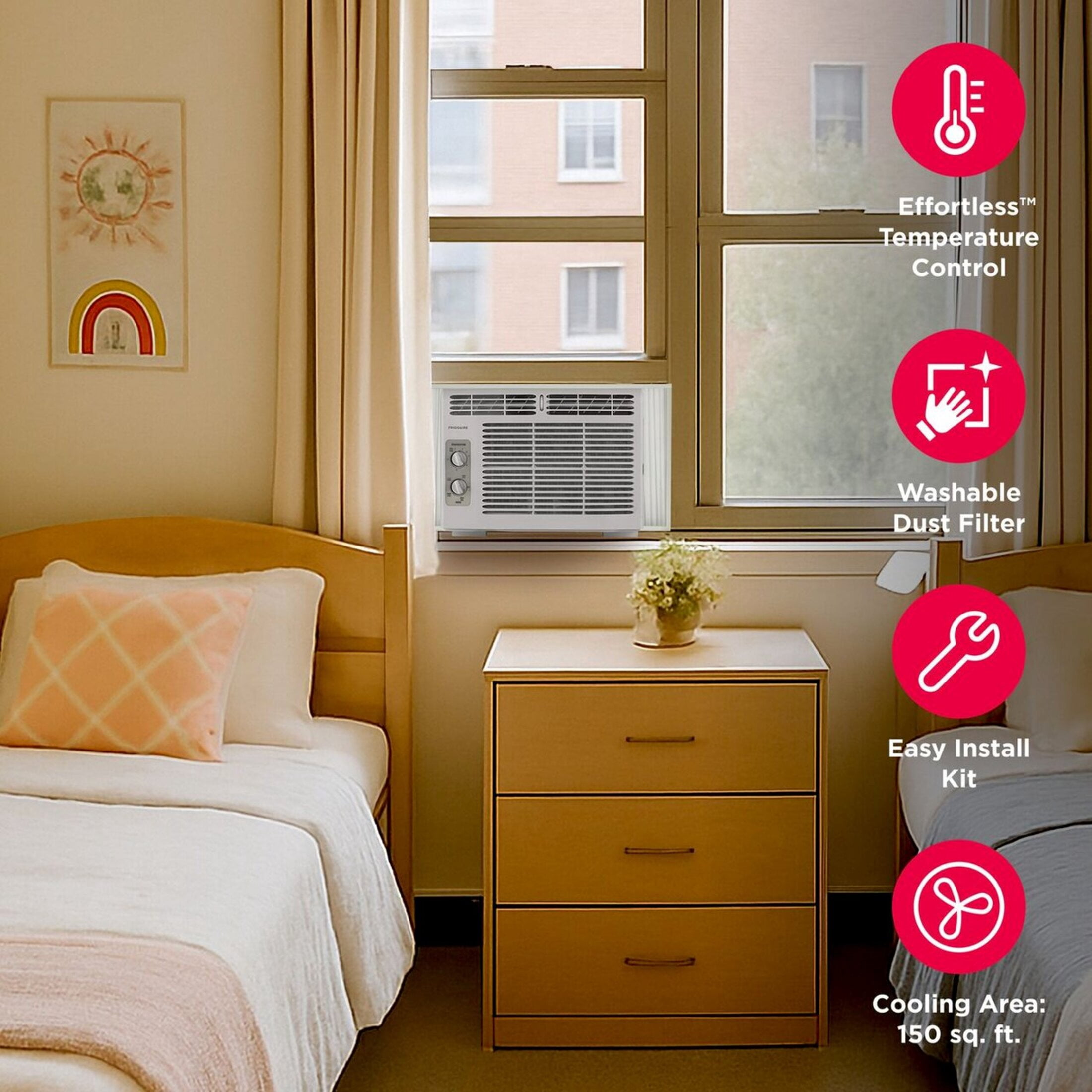Frigidaire 5,000 BTU Window Air Conditioner for Small Rooms, Quiet Efficient Cooling (White, 150 sq. ft. Coverage) ewks9