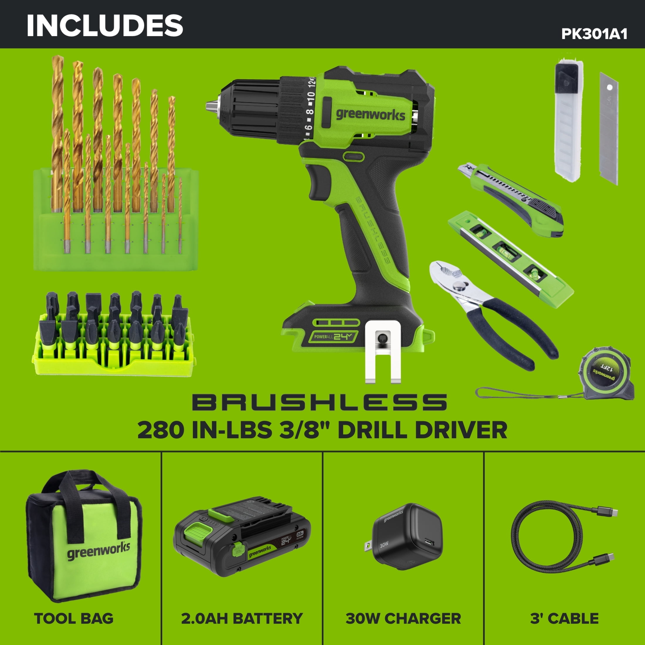 Greenworks PowerAll 24V Brushless 3/8 in Drill Driver and Hand Tool Kit (Green, 2Ah Battery) cbpj3