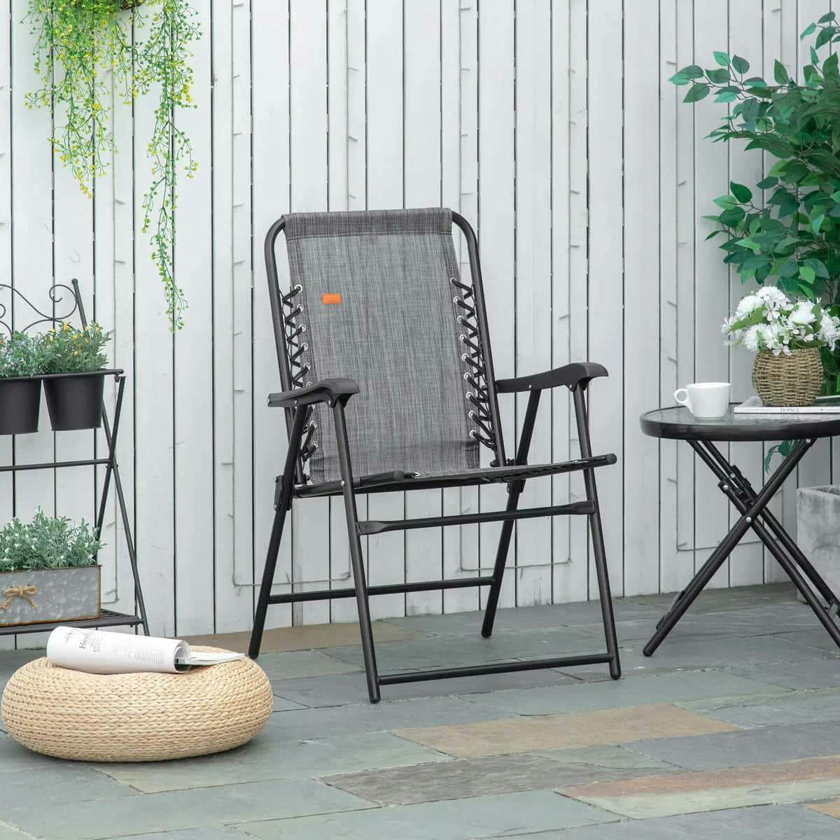 Yardi Yarda Outdoor Bungee Sling Folding Chair with Armrests (Gray, 24.75 in x 24 in x 35.75 in) rx55b