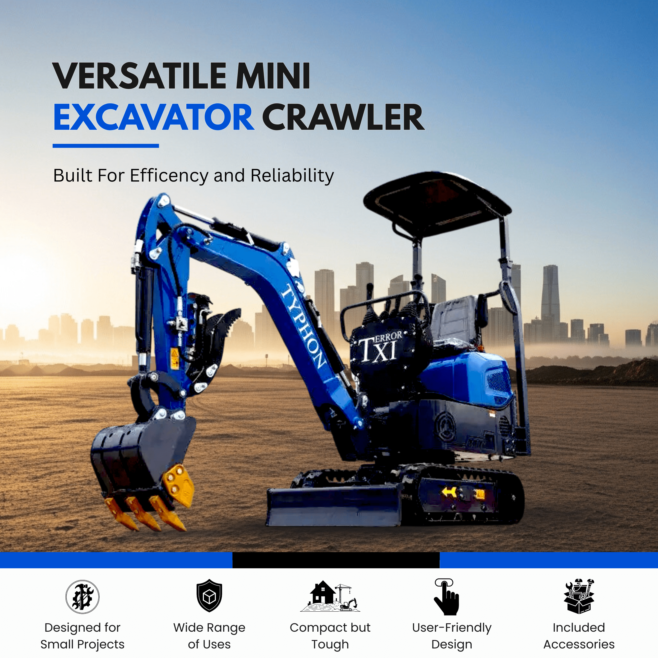 TYPHON TERROR XI Mini Excavator with 13 Attachments (Blue, 13.5hp) gmst4
