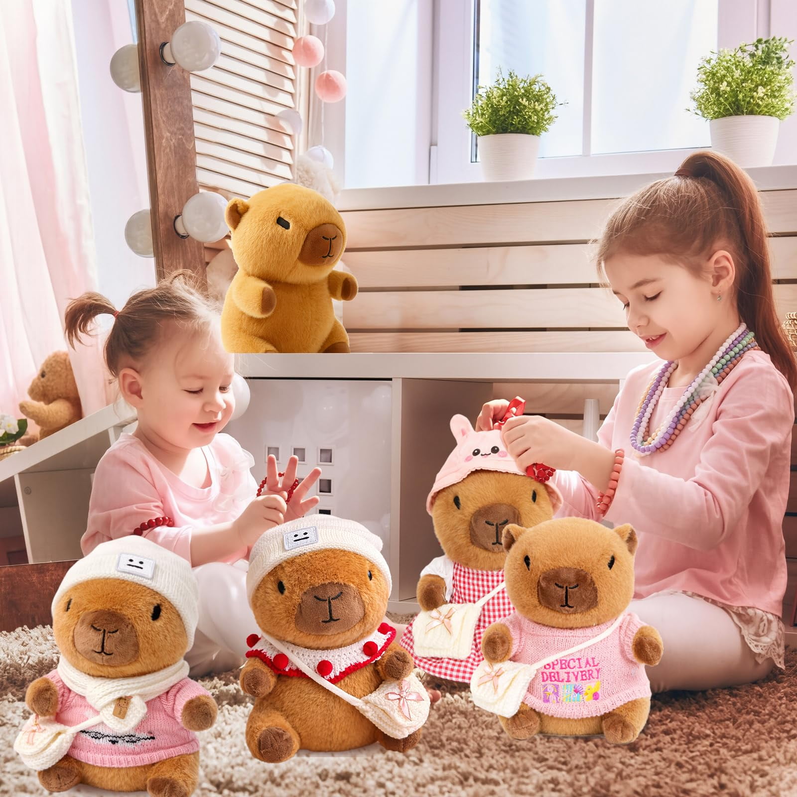 YSZZYSM Capybara Plush Toy with 9 Changeable Outfits and Accessories (Pink, 10.2 in) rcdmg