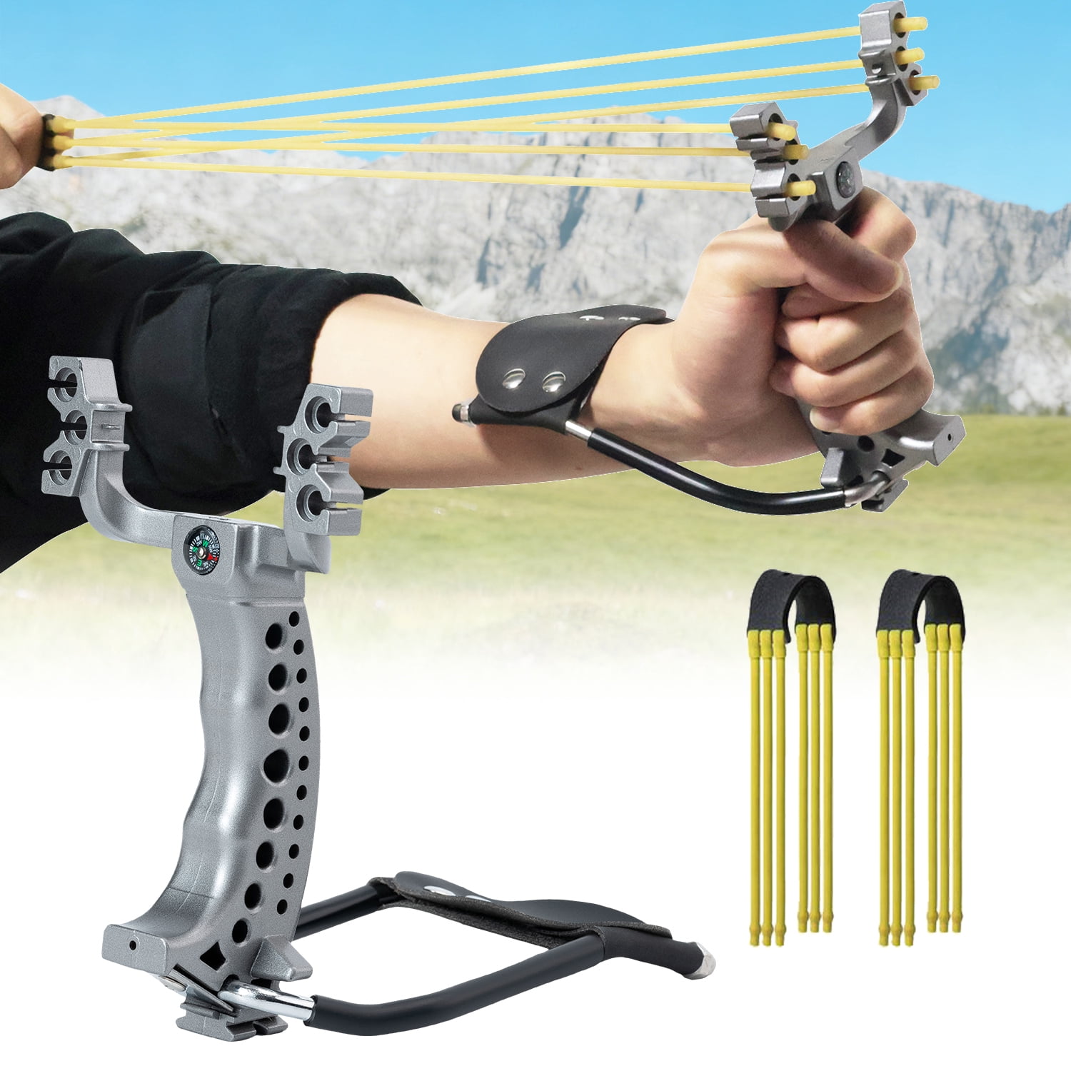 Runzkzy Tactical Slingshot Catapult with Wrist Brace and Fishing Reel Mount (Black, 1 Pack) 402gi