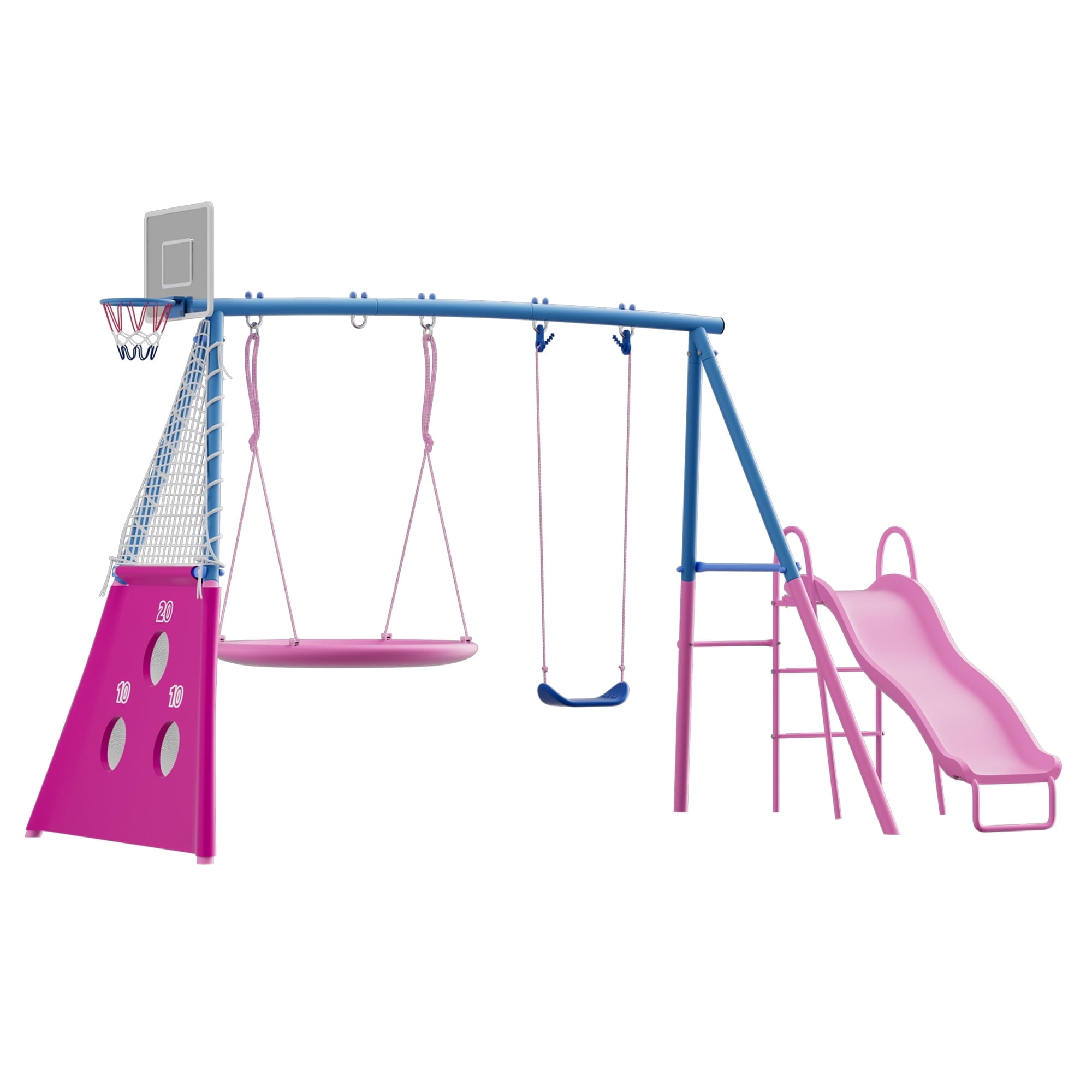 Shengchao Trade Kids Outdoor Metal Swing Set with Slide and Basketball Hoop (Pink, 440 lb) ds88a