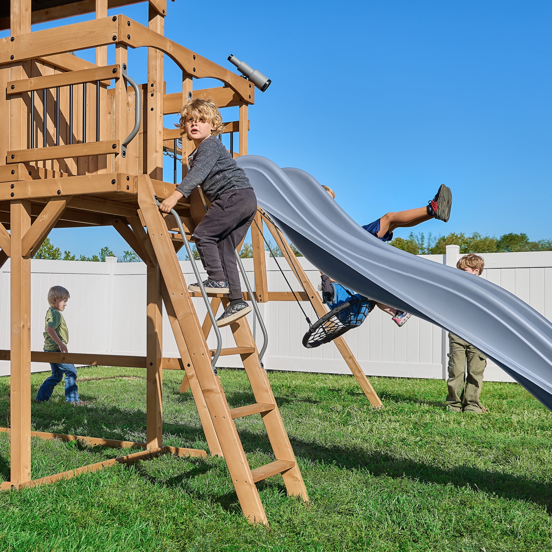 Backyard Discovery Dover Bay Spruce Swing Set with Clubhouse, Slide, Monkey Bars, and Rock Wall (Brown, 19.5 ft x 11.5 ft) 054gx