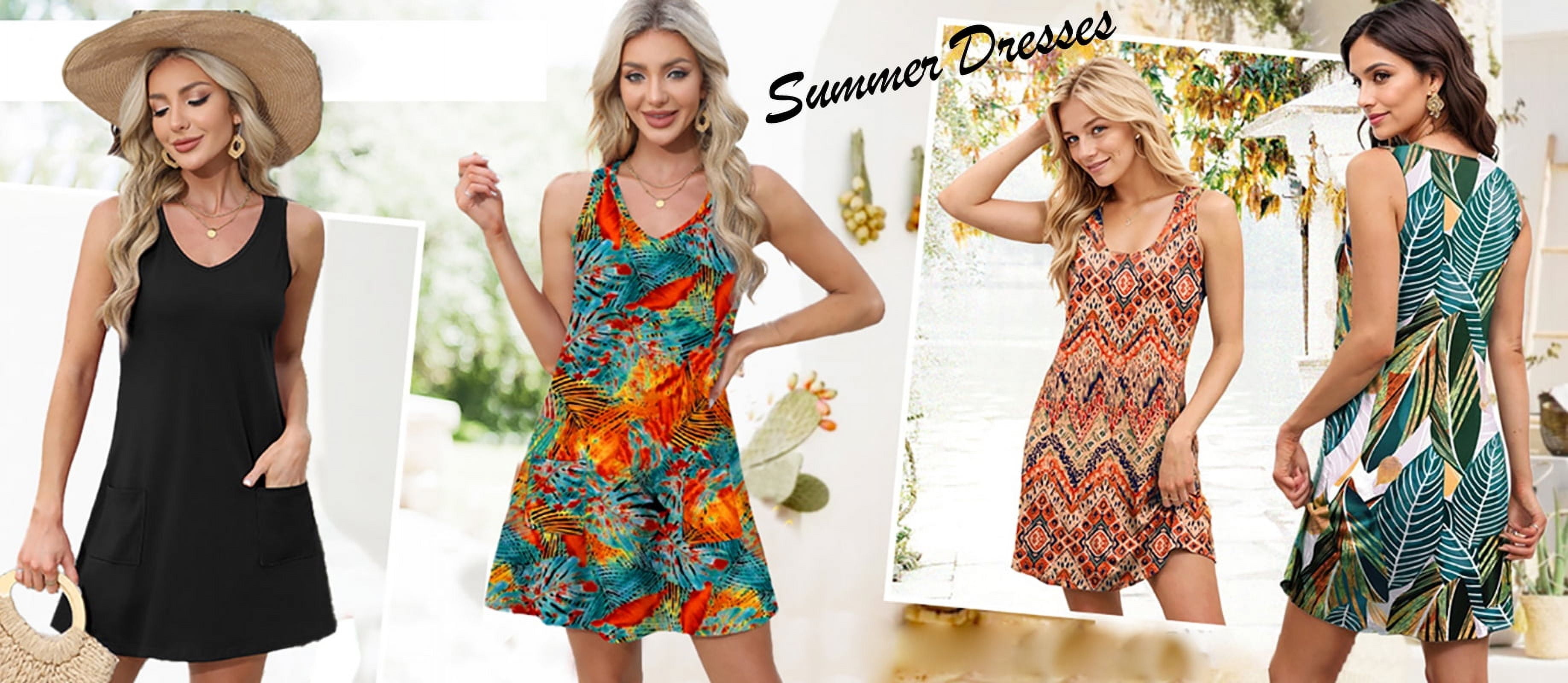 Fantaslook Women's Floral Summer Sundress Casual V-Neck Sleeveless Beach Mini Dress with Pockets (Blue, L) tmnc7