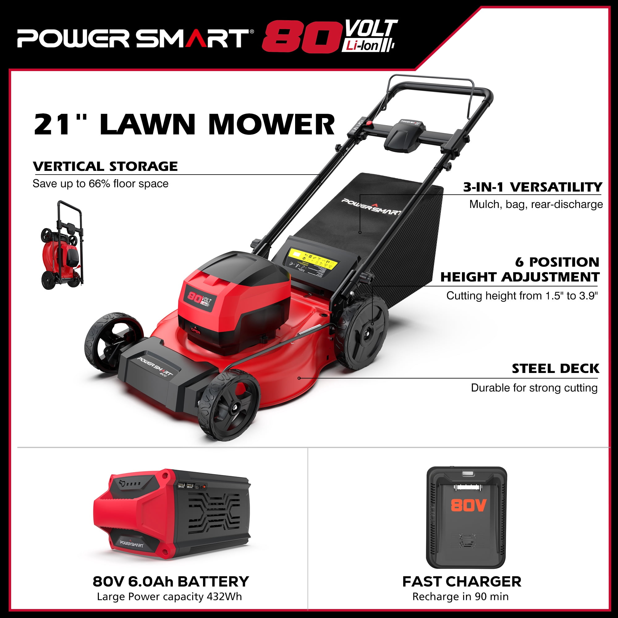 PowerSmart 80V MAX 21 in Cordless Lawn Mower, 3-in-1 Brushless Electric Mower with 6.0Ah Battery and Charger (Red, 21 in) 1jo7t