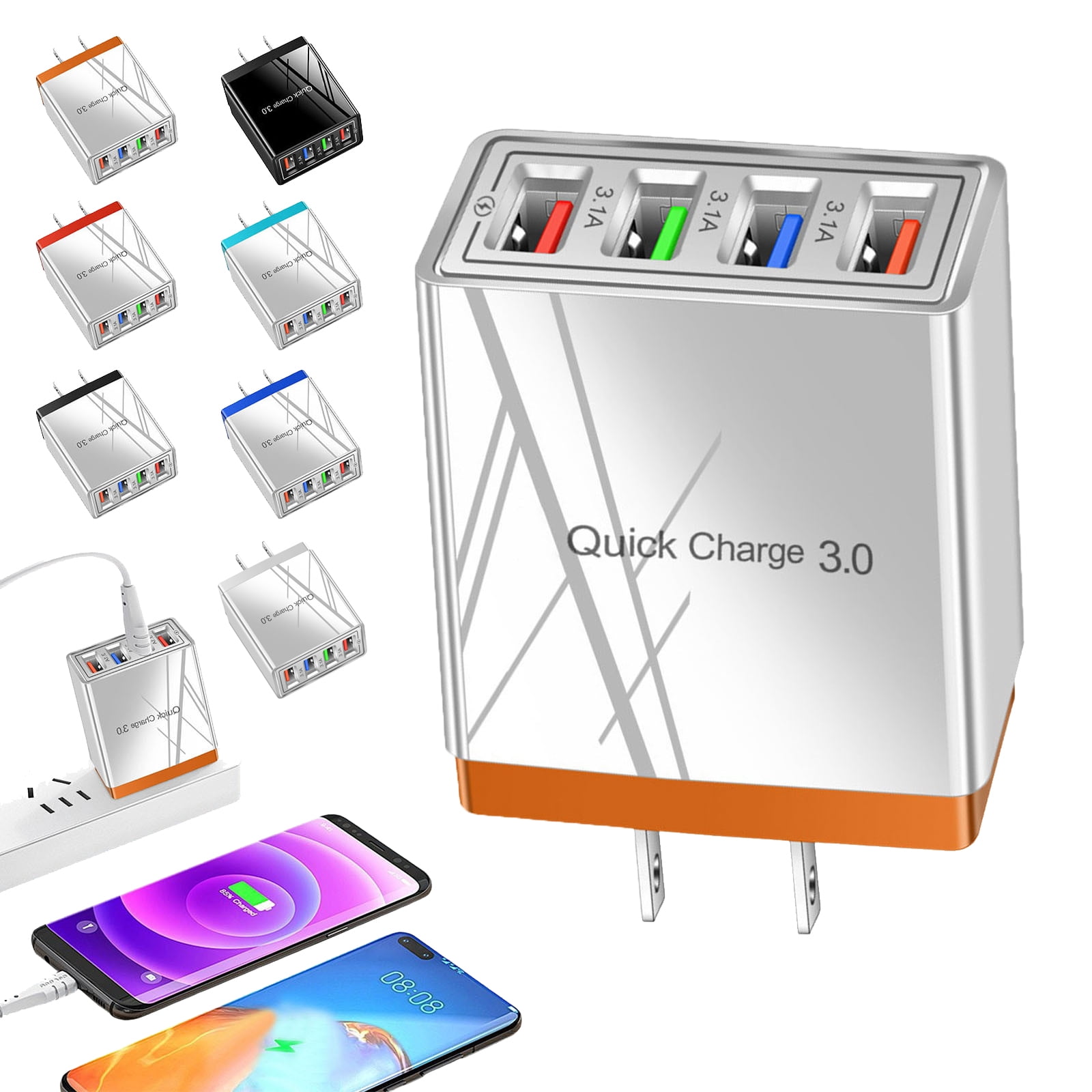 Qolami 4-Port USB Wall Charger, Quick Charge 3.0 Fast Charging Hub for Smartphones and Tablets (Orange, 1 Pack) gt11w