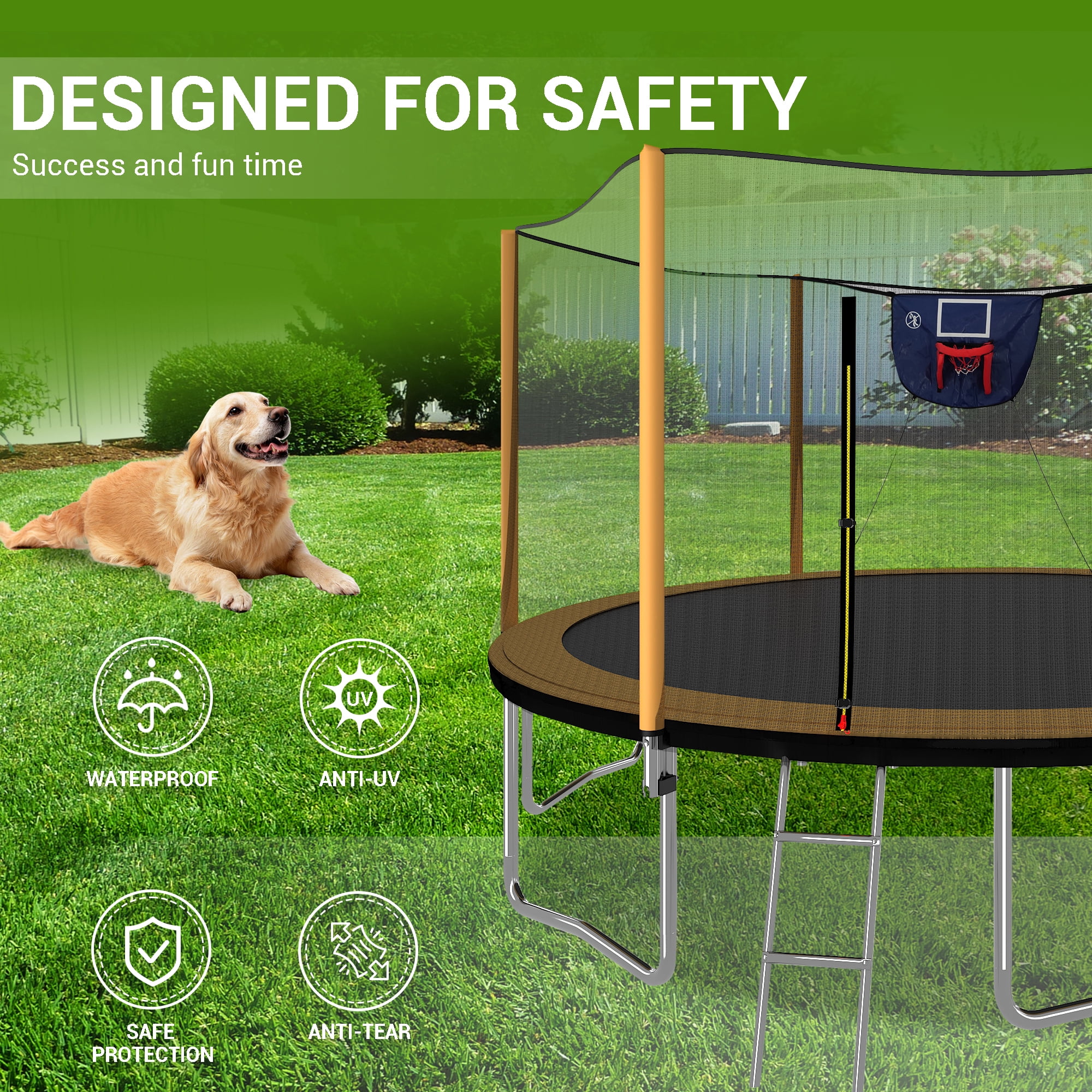 SUNRINX 14ft Outdoor Trampoline with Basketball Hoop, Safety Enclosure, and Ladder (Orange, 14ft) voq7p