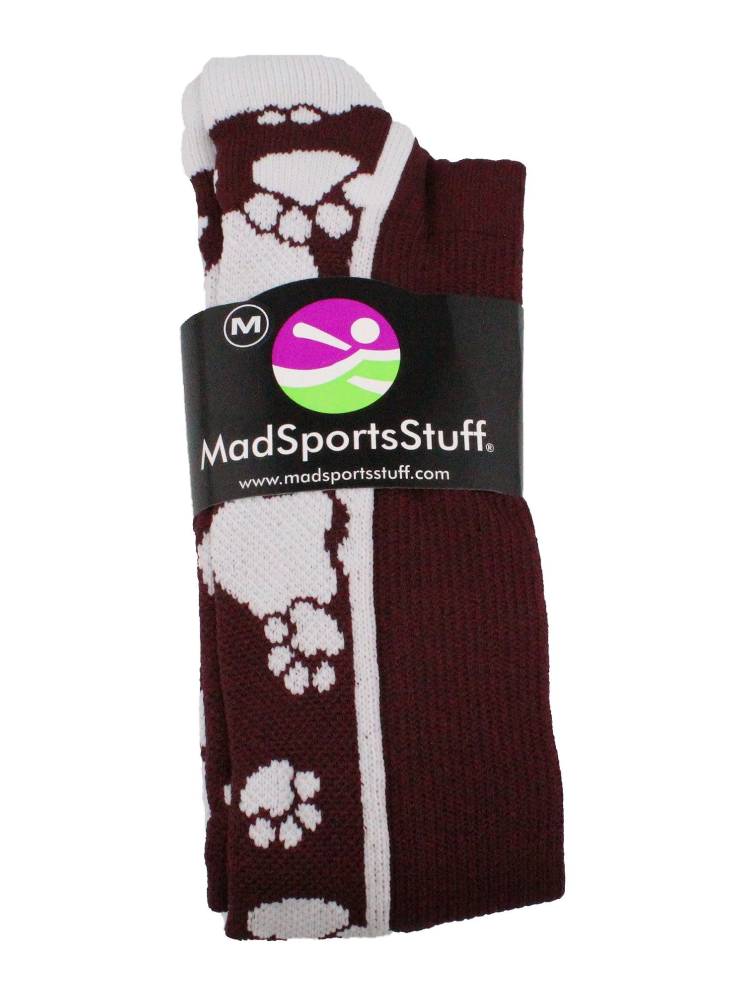 MadSportsStuff Over the Calf Paw Print Athletic Socks (Maroon/White, Large) brrfs