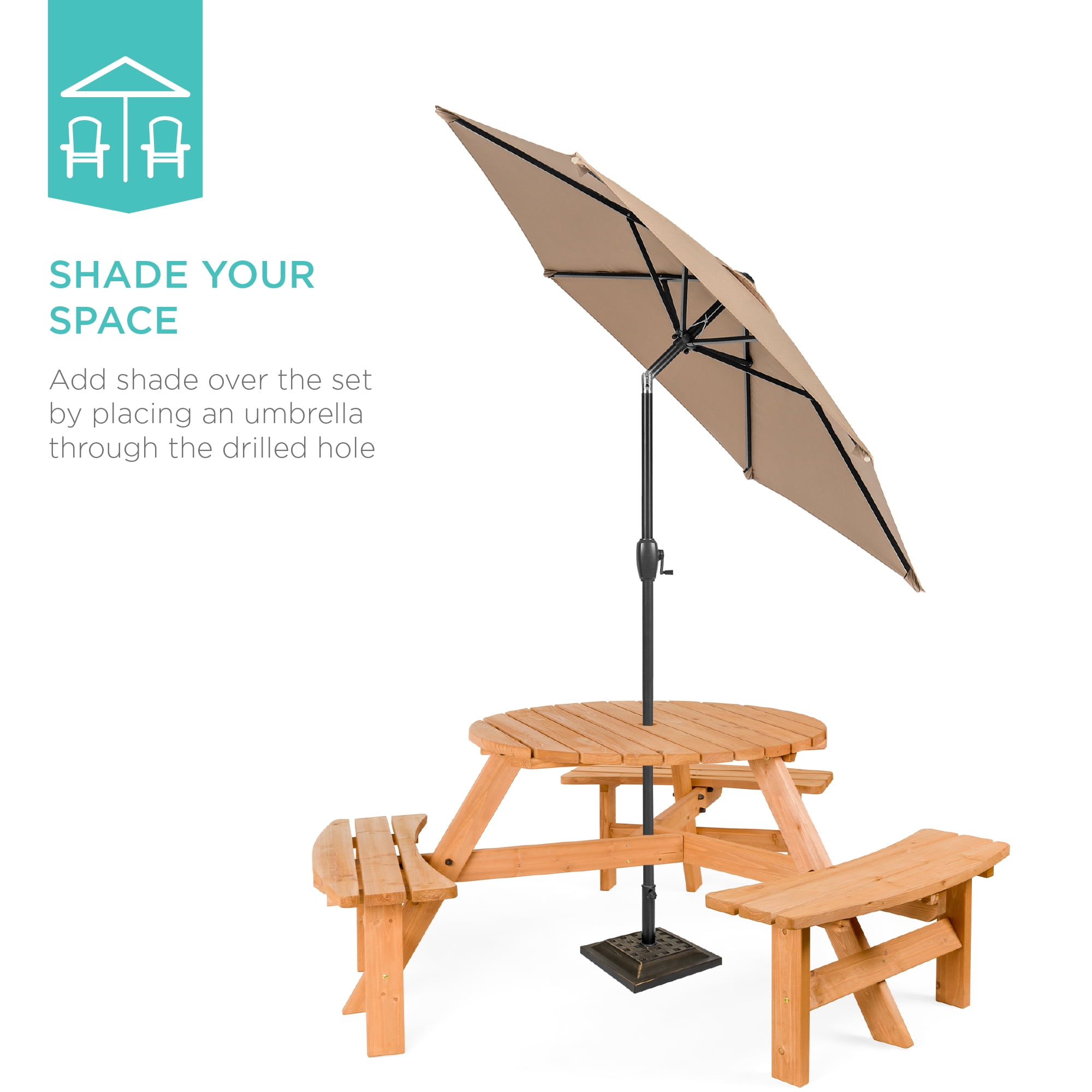 Best Choice Products Circular Outdoor Wooden Picnic Table with 3 Built-In Benches (Natural, 35 in Diameter) a1xwu