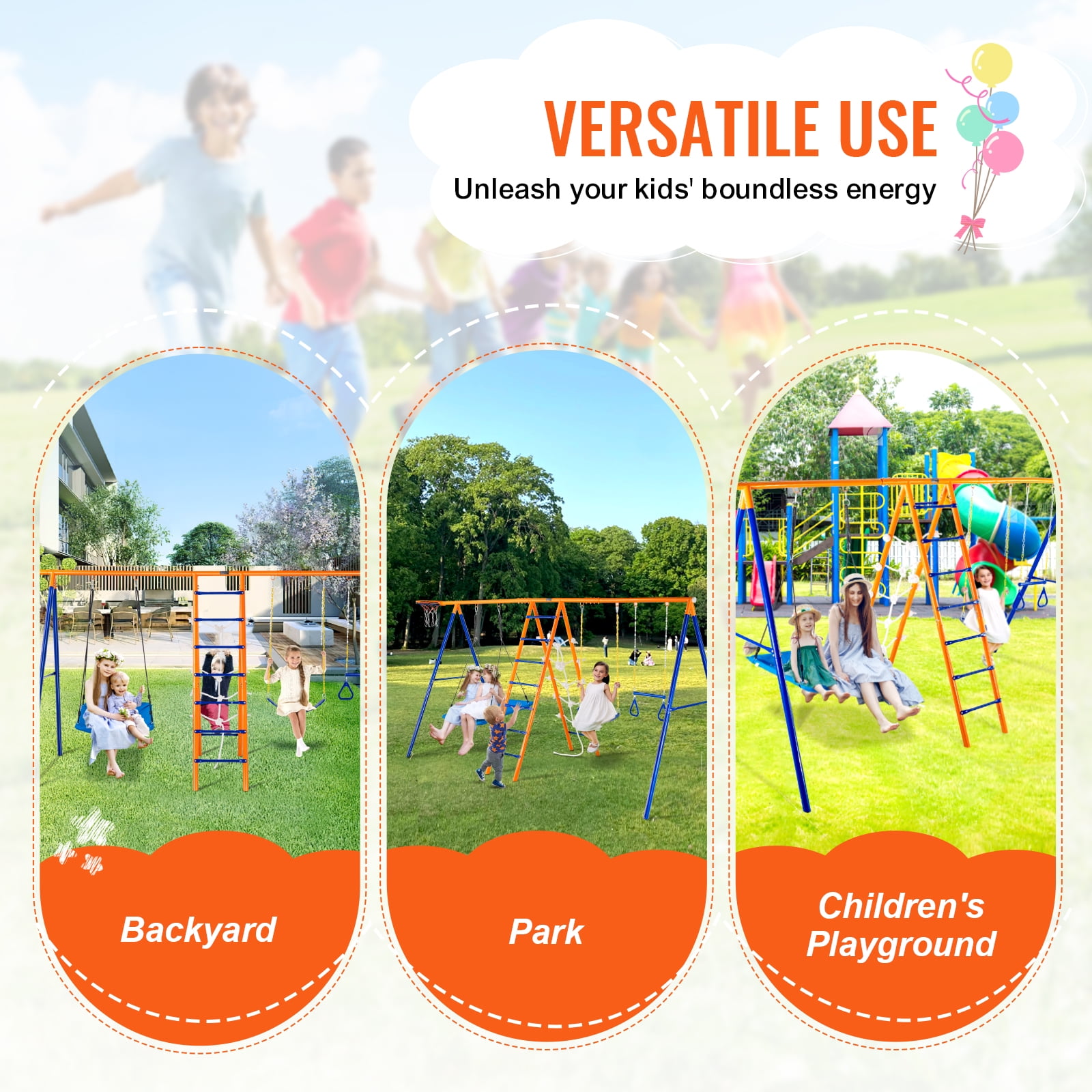 KFFKFF Outdoor Swing Set, 6-in-1 Playground Combo with Dual Swings, Trapeze, Ladder, Net, and Basketball Hoop (Orange, 440 lb) cwxiu