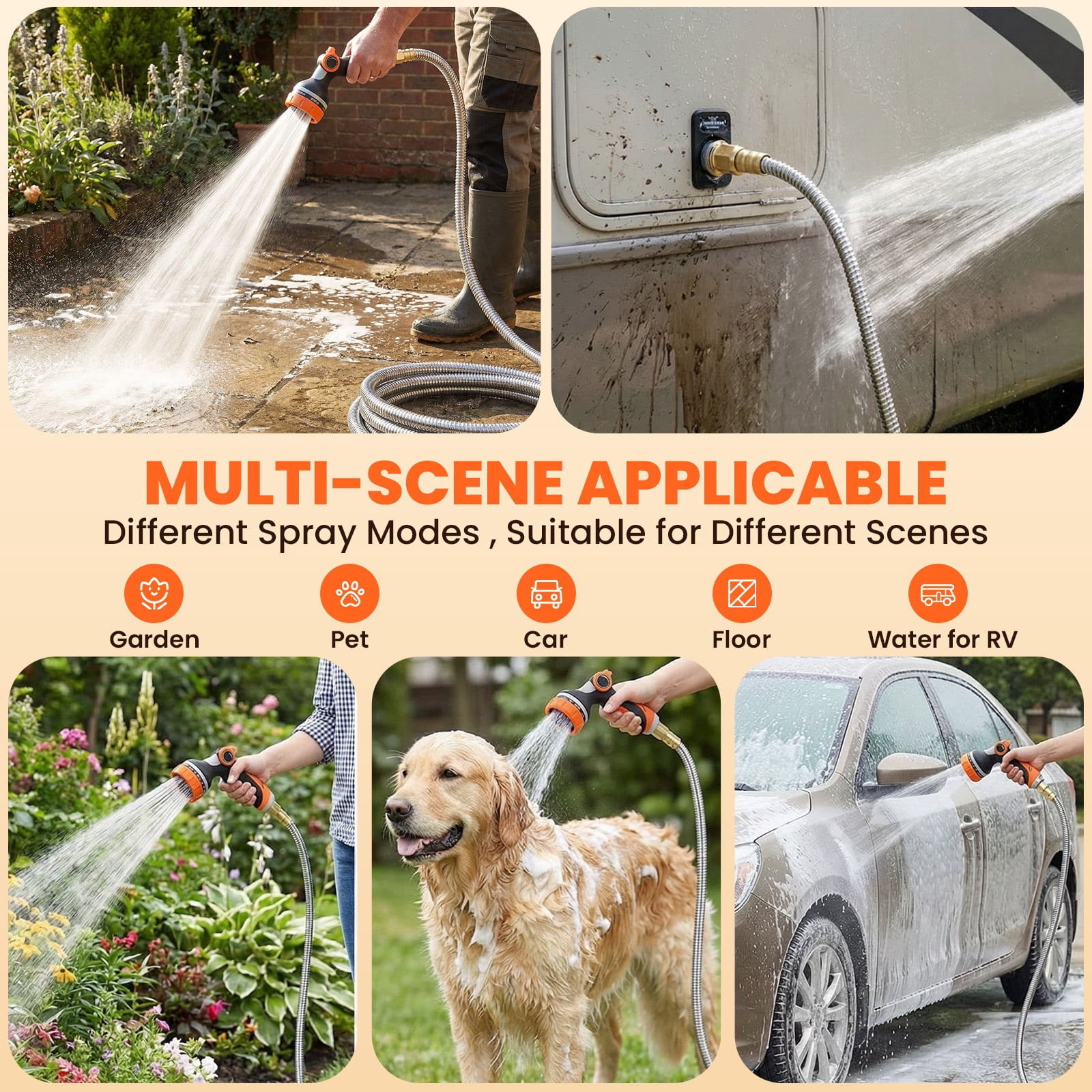 KOYMISKU Stainless Steel Garden Hose with 10-Mode Nozzle Sprayer (Silver, 50 ft) w3kcj