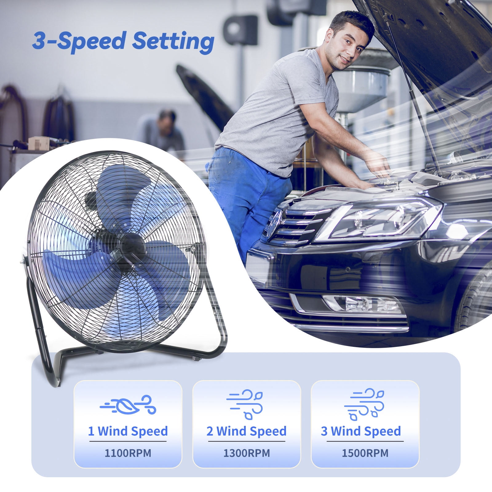 Generic 20 Inch High Velocity Industrial Floor Fan, Heavy Duty 3-Speed Metal Cooling Cradle Fan with 360-Degree Tilt (Blue, 20 in) b6wdh