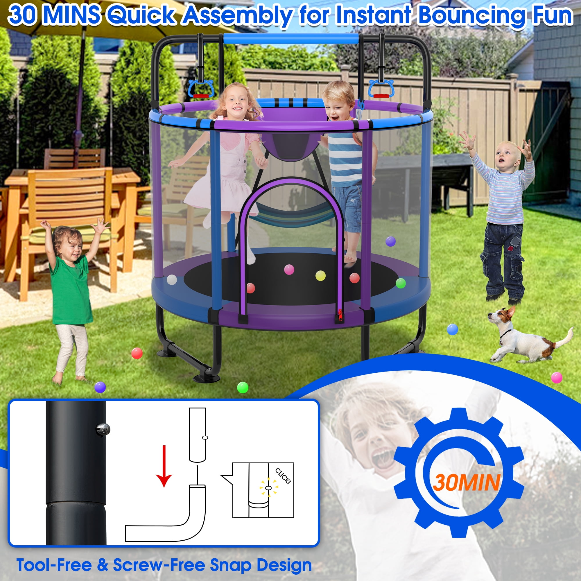 Cochan Kids Trampoline with Enclosure Net and Adjustable Gymnastics Bar (Blue, 5 ft) sq8dr