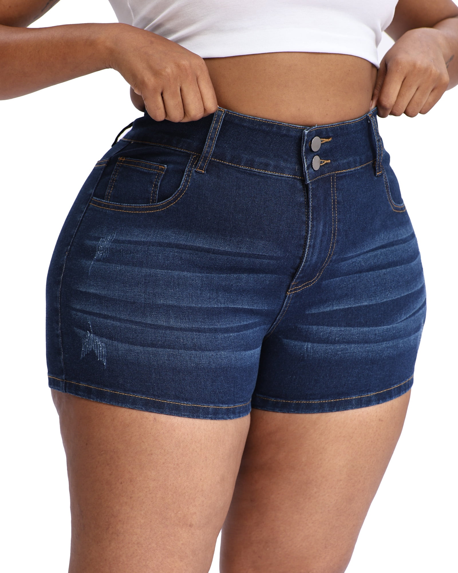 Gocolloa Plus Size High Waisted Denim Shorts for Women Stretchy Leg-Shaping Jean Shorts (Dark Blue, 16W) j35d9