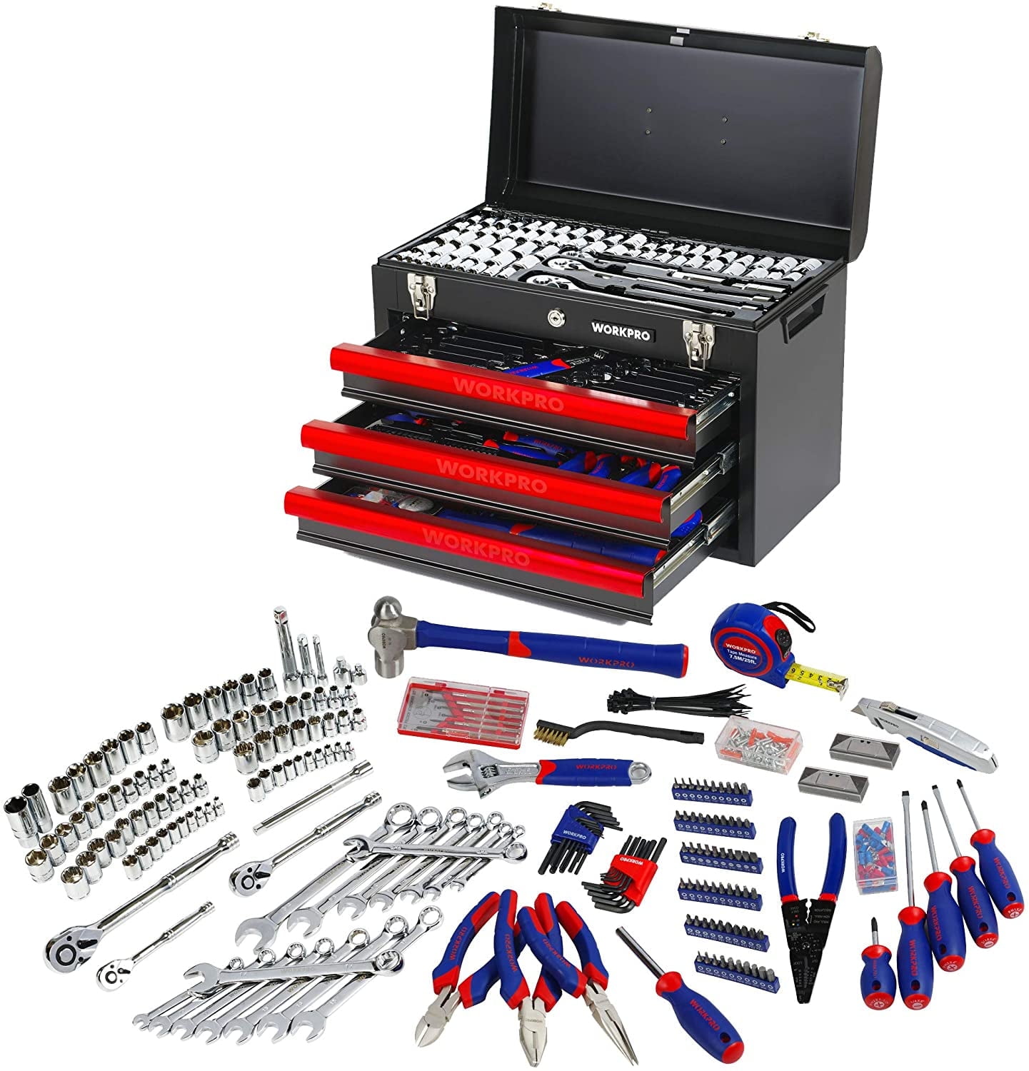 WORKPRO 408-Piece Mechanics Tool Set, Heavy-Duty Household Repair Kit with 3-Drawer Metal Storage Box (408-Piece) 8ornf