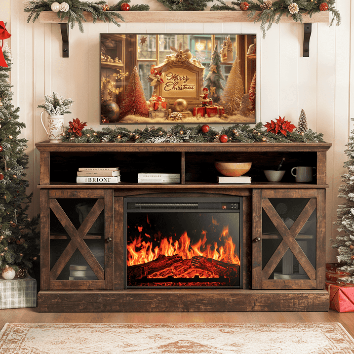 CHITOOMA Electric Fireplace TV Stand for 75 inch TVs Farmhouse Media Console (Vintage Brown, 23 in Fireplace) vppl5