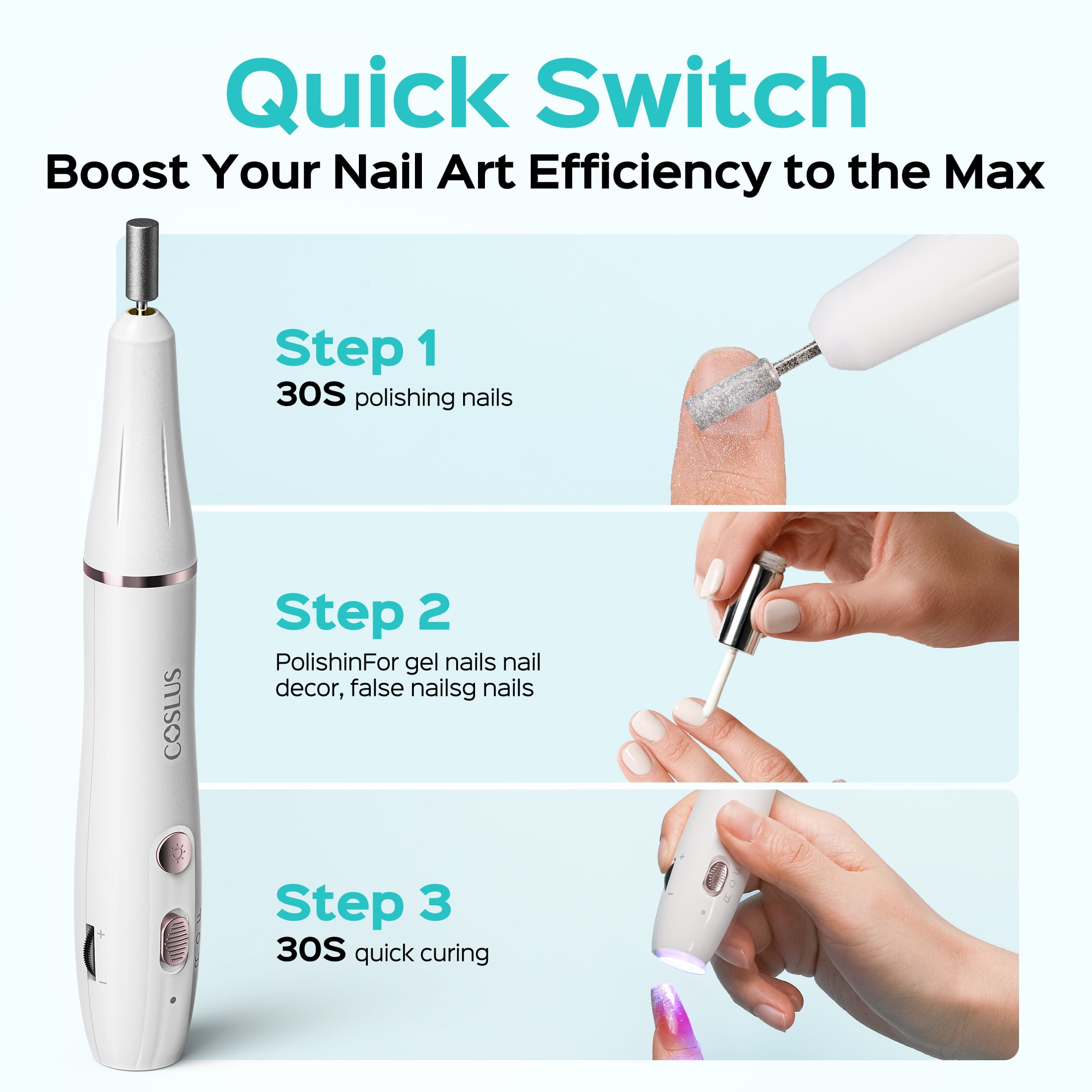 COSLUS CX41 Cordless Electric Nail Drill and LED Lamp 2-in-1 Manicure Kit (White, 2.7 oz) 7db6g