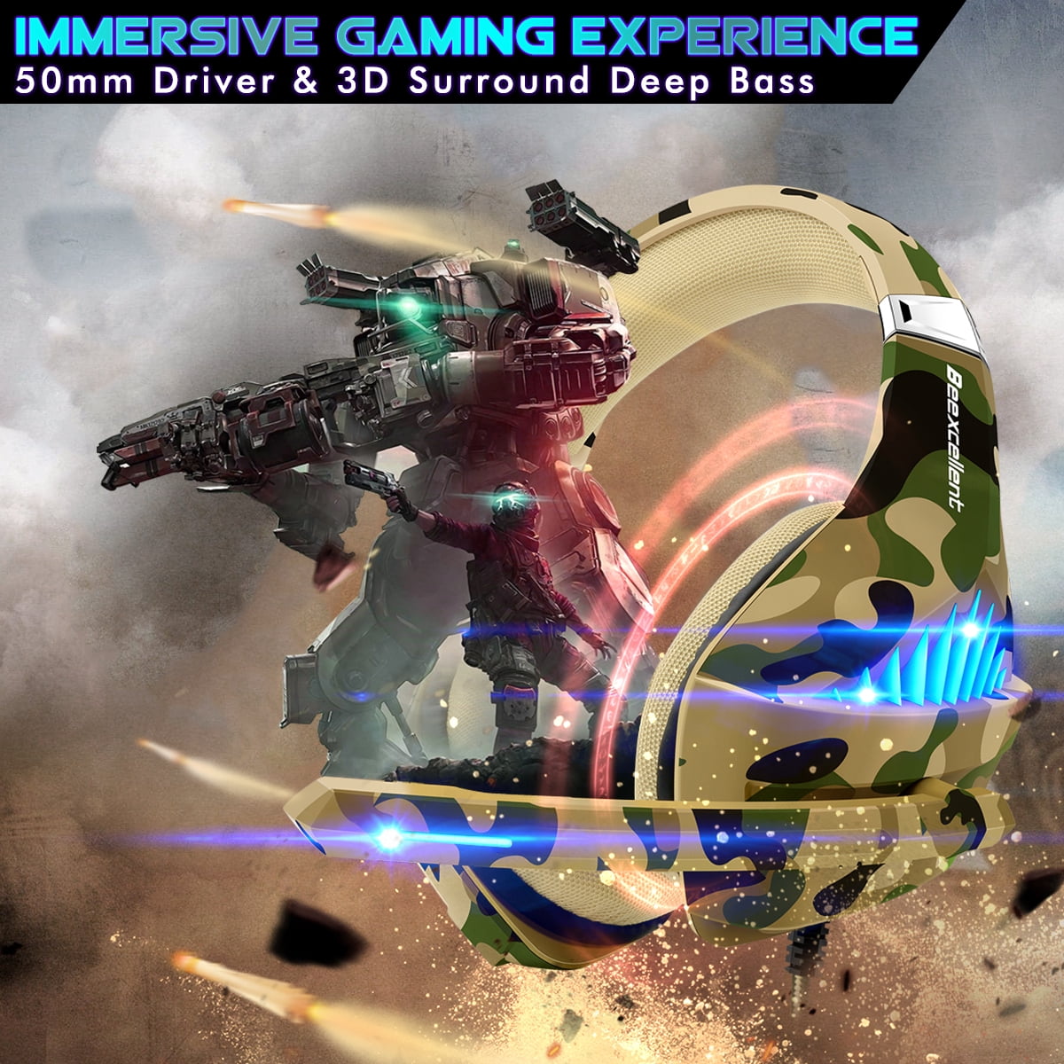 Beexcellent Gaming Headset with Noise Cancelling Microphone and Stereo Surround Sound (Camouflage, 1 Unit) lmajg