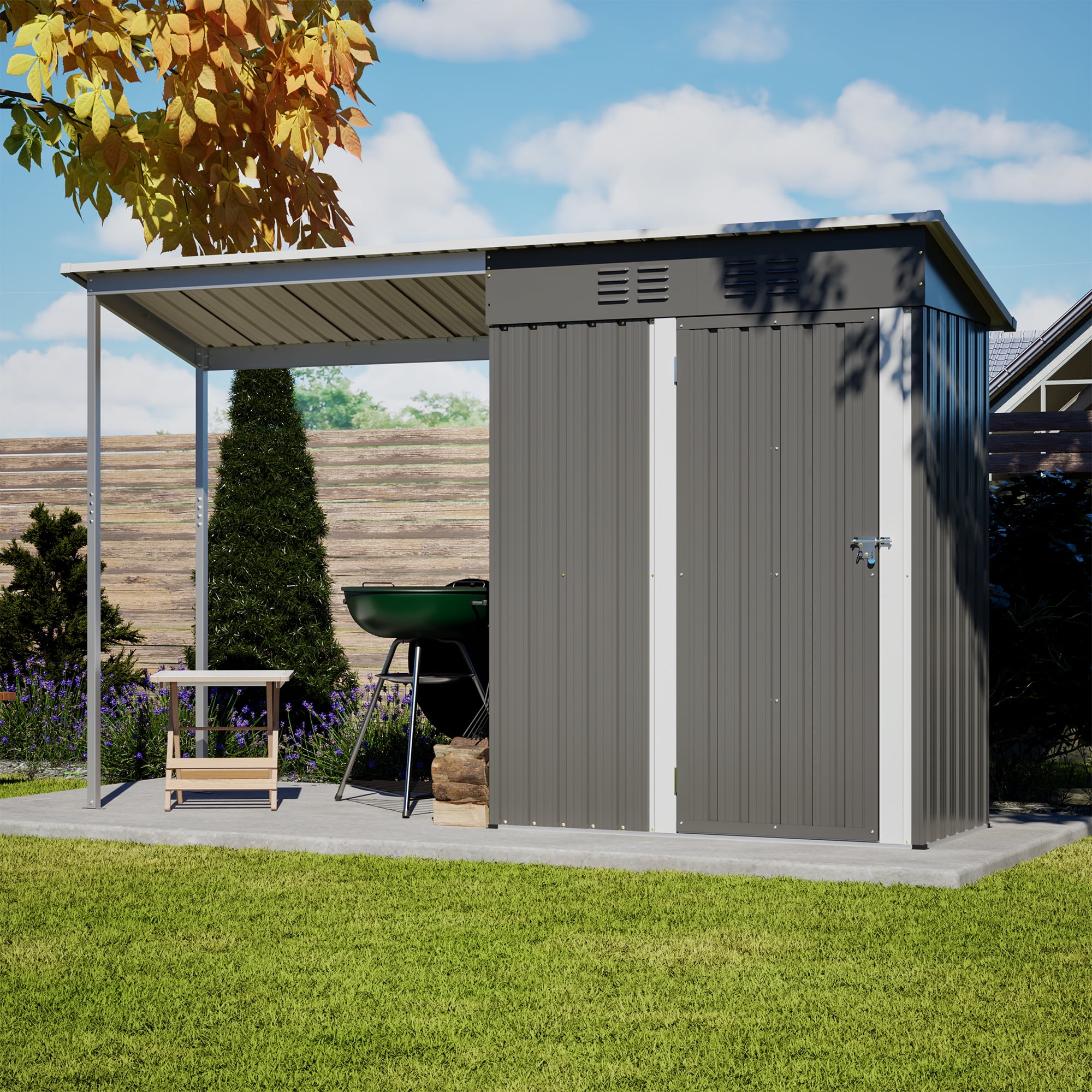 QDXDX Outdoor Gazebo with Lockable Storage Shed, Weather-Resistant Steel Garden Shelter (Gray, 5 ft x 3 ft) jgr3h