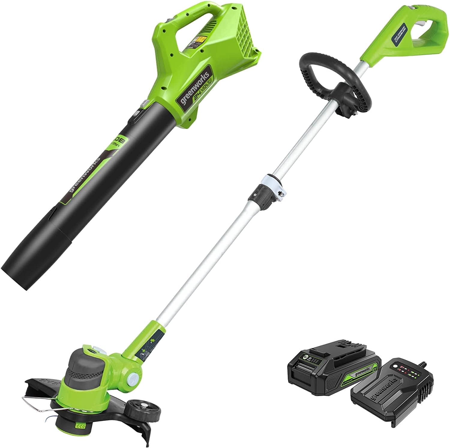 Greenworks 24V 12 in Cordless String Trimmer and Leaf Blower Combo Kit (Green, 2Ah Battery and Charger Included) po016