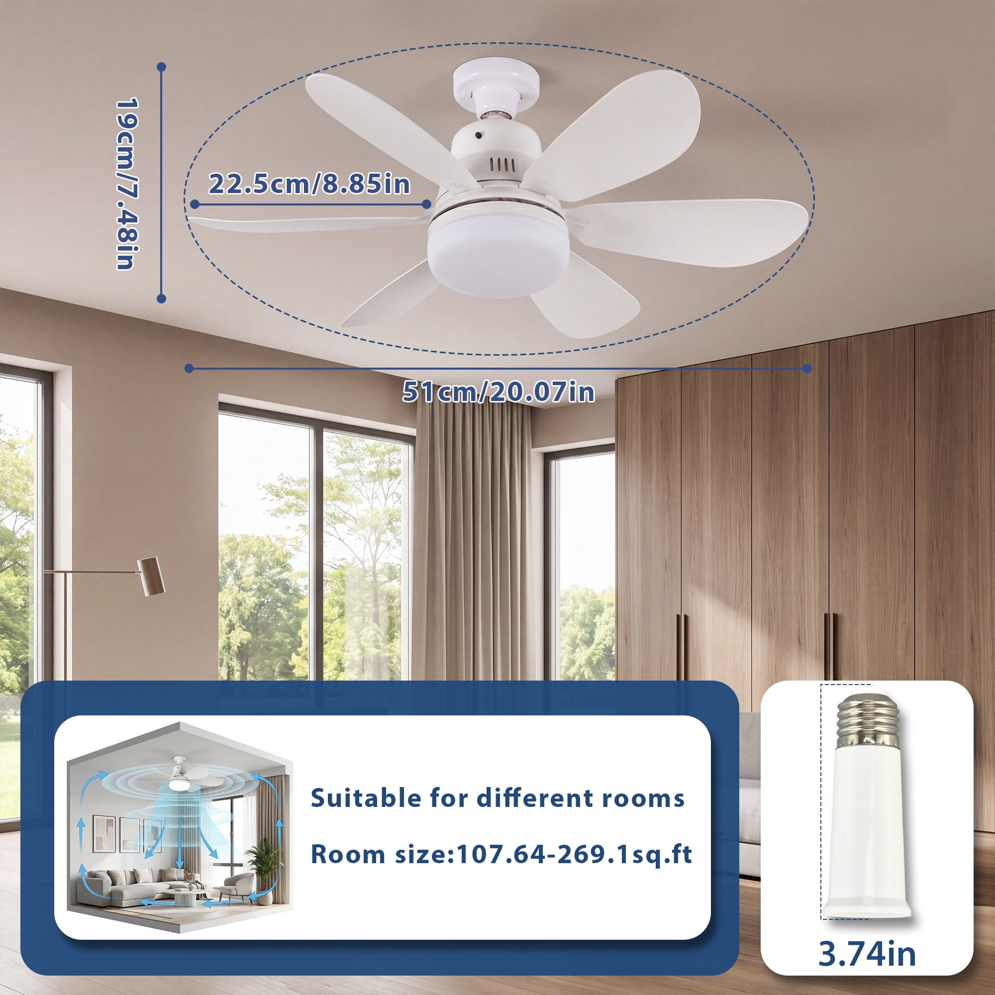 AIDAPLAY Dimmable Ceiling Fan Light with Remote Control, 3-Speed Quiet Motor, 3 Color Temps (White, Standard Size) ta0wk