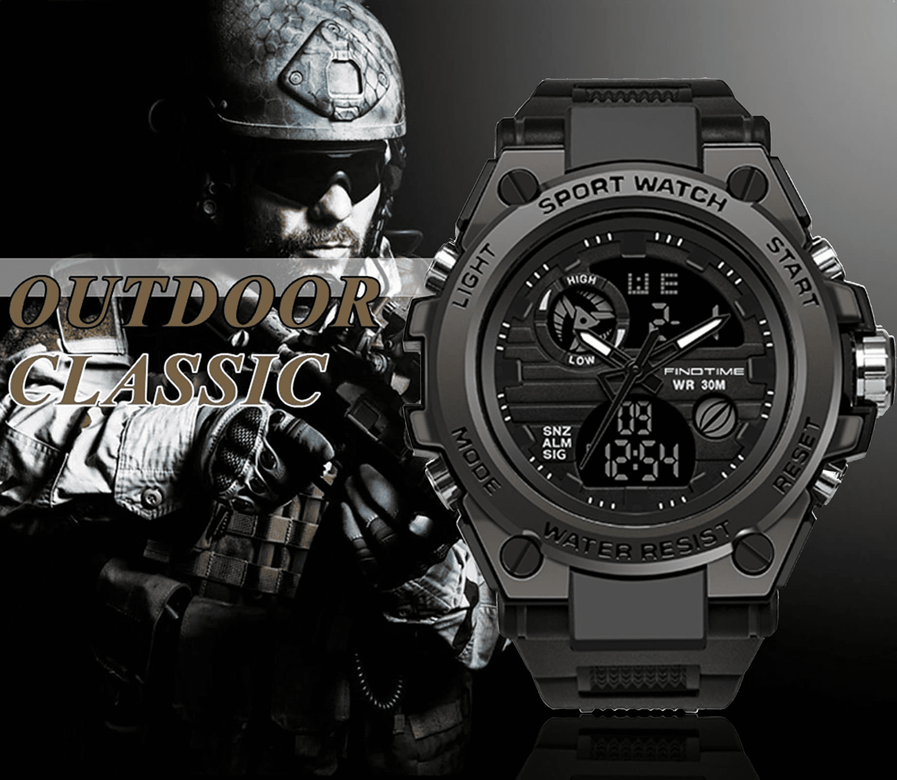 Findtime Men's Military Tactical Digital Analog Watch Waterproof Outdoor Sports Wristwatch (Black, 2 in) v3kwd
