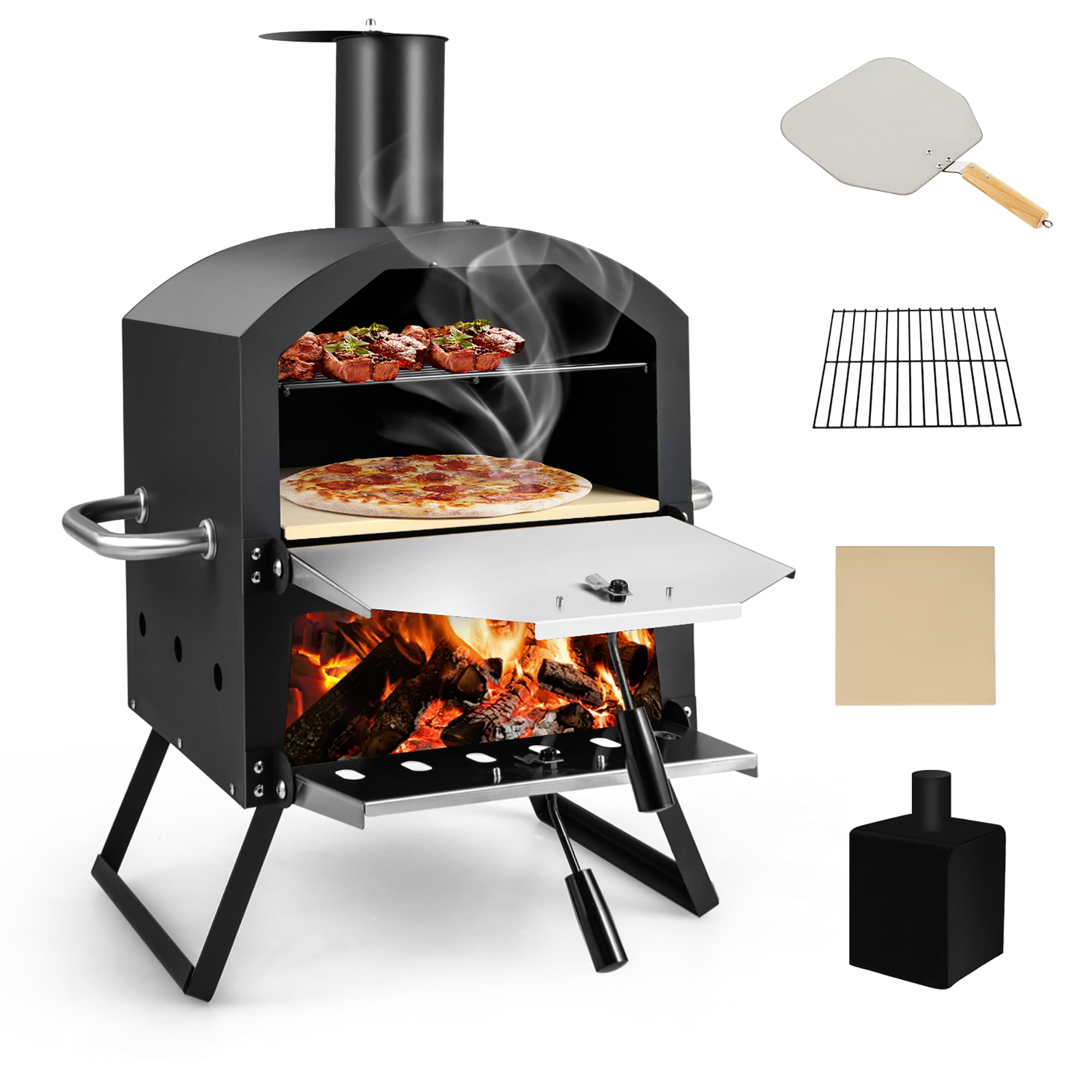 Costway 2-Layer Wood Fired Pizza Oven Outdoor Grill with Waterproof Cover (12 in x 12 in) m0tke