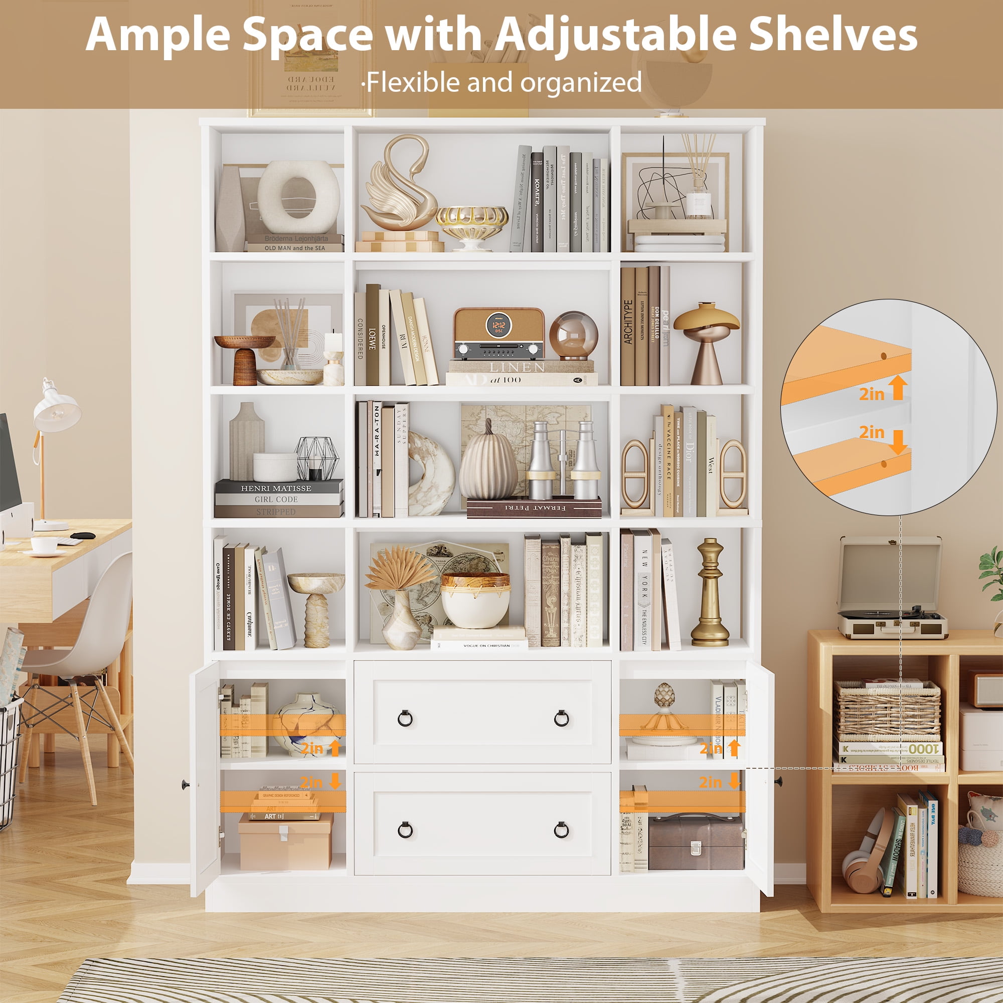 Homfa 12-Cube Tall Bookshelf with Storage Drawers and Doors (White, 71.1 in H x 47.2 in W x 11.8 in D) gkov0