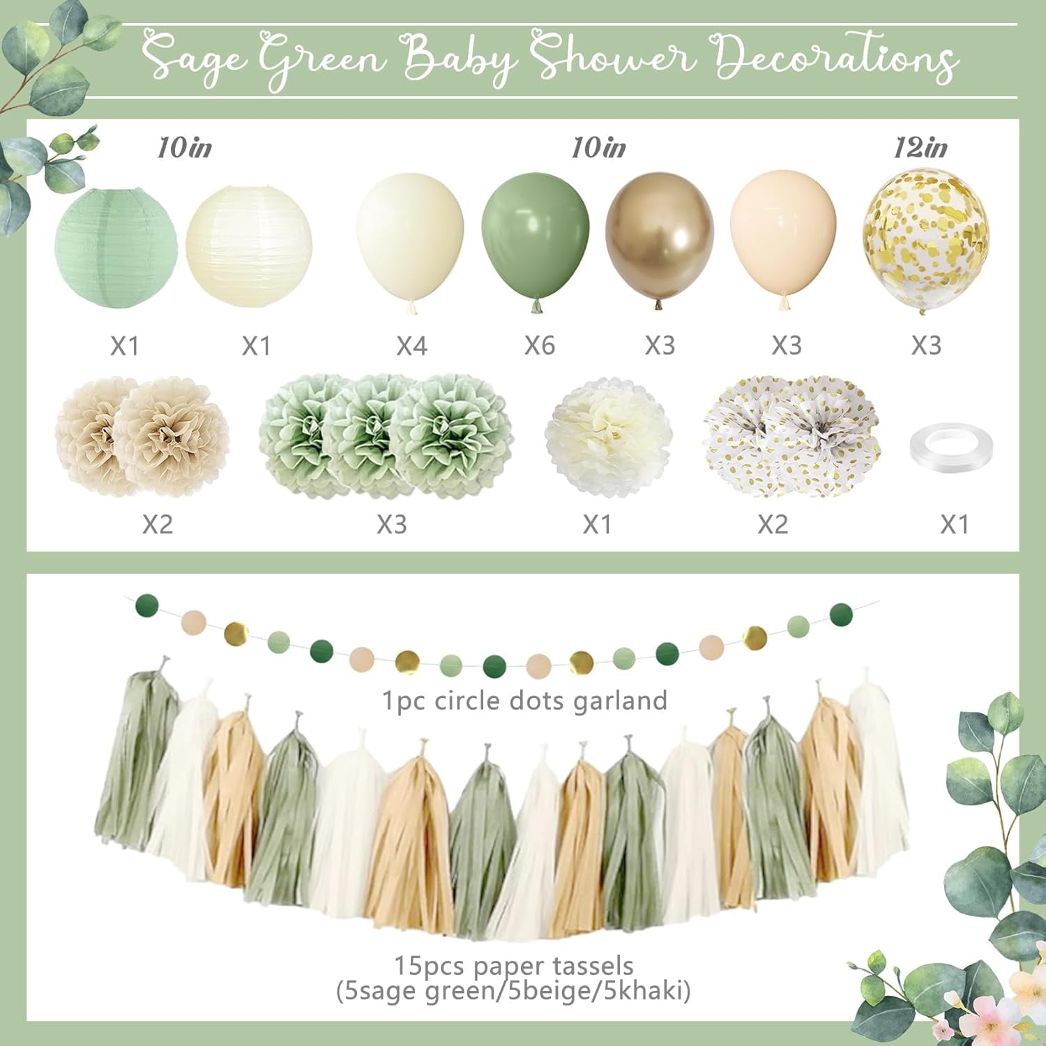 Song Yu Sage Green Baby Shower Decorations Set (Neutral Party Supplies, 50-Piece Kit) 60hrx